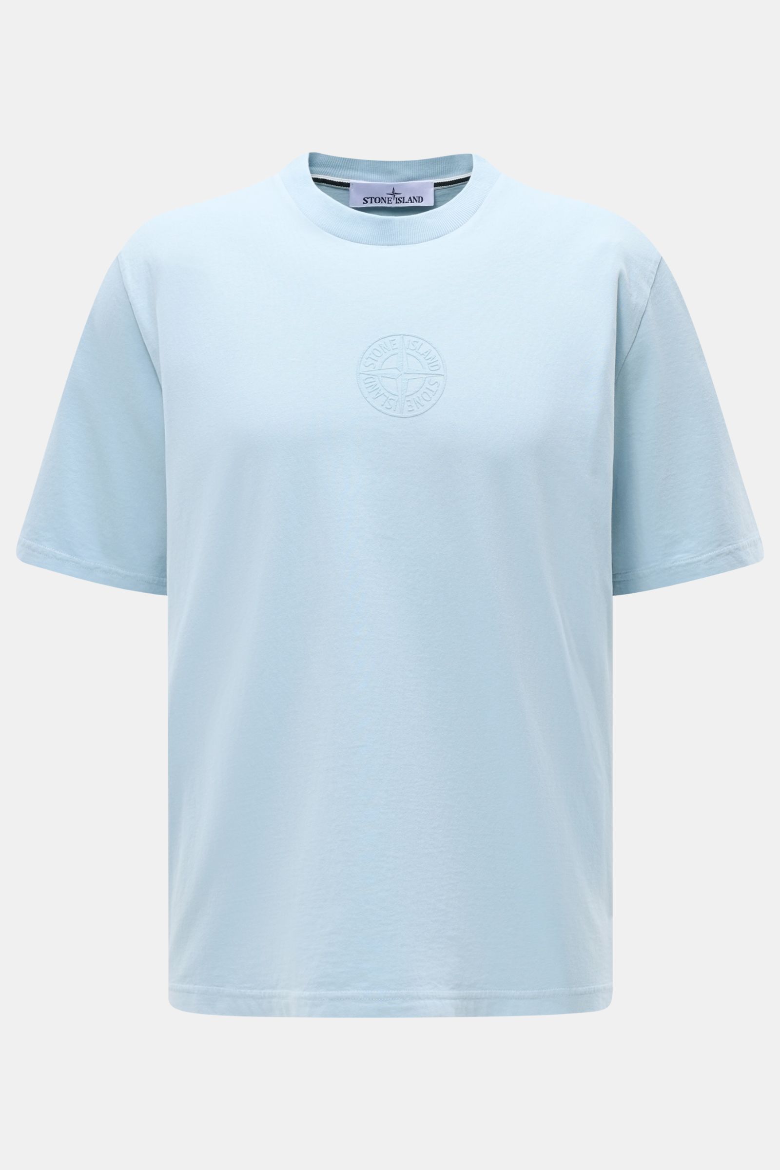 Stone Island Rundhals-T-Shirt hellblau, Frontansicht, Jersey aus reiner Baumwolle, weicher Griff, Regular Fit, Frontprint, plakativer Rückenprint.