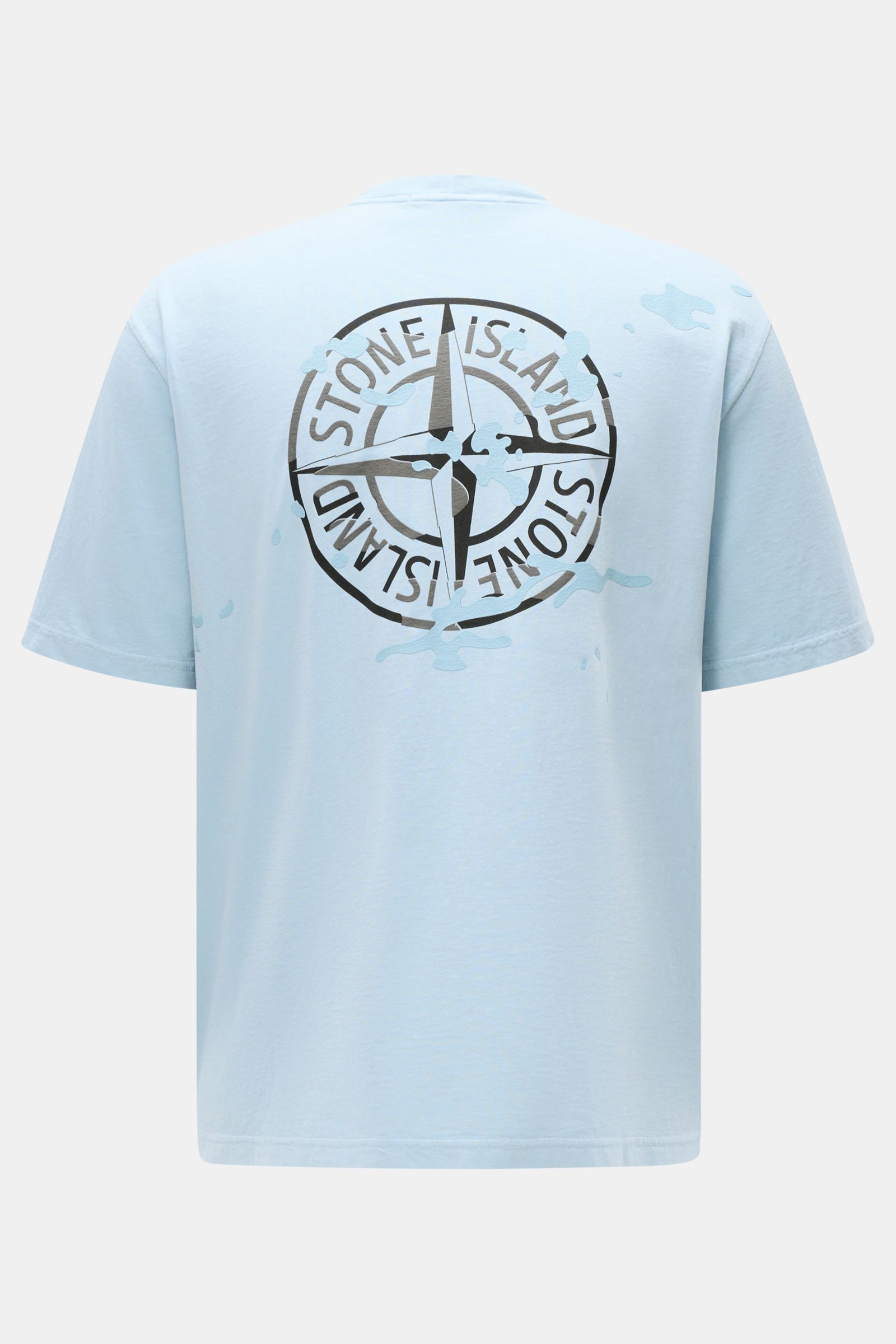 Stone Island Rundhals-T-Shirt hellblau, Rückansicht, schwerer Baumwolljersey, Regular Fit, weicher Griff, STONE ISLAND-Print vorne, großer Rückenprint.