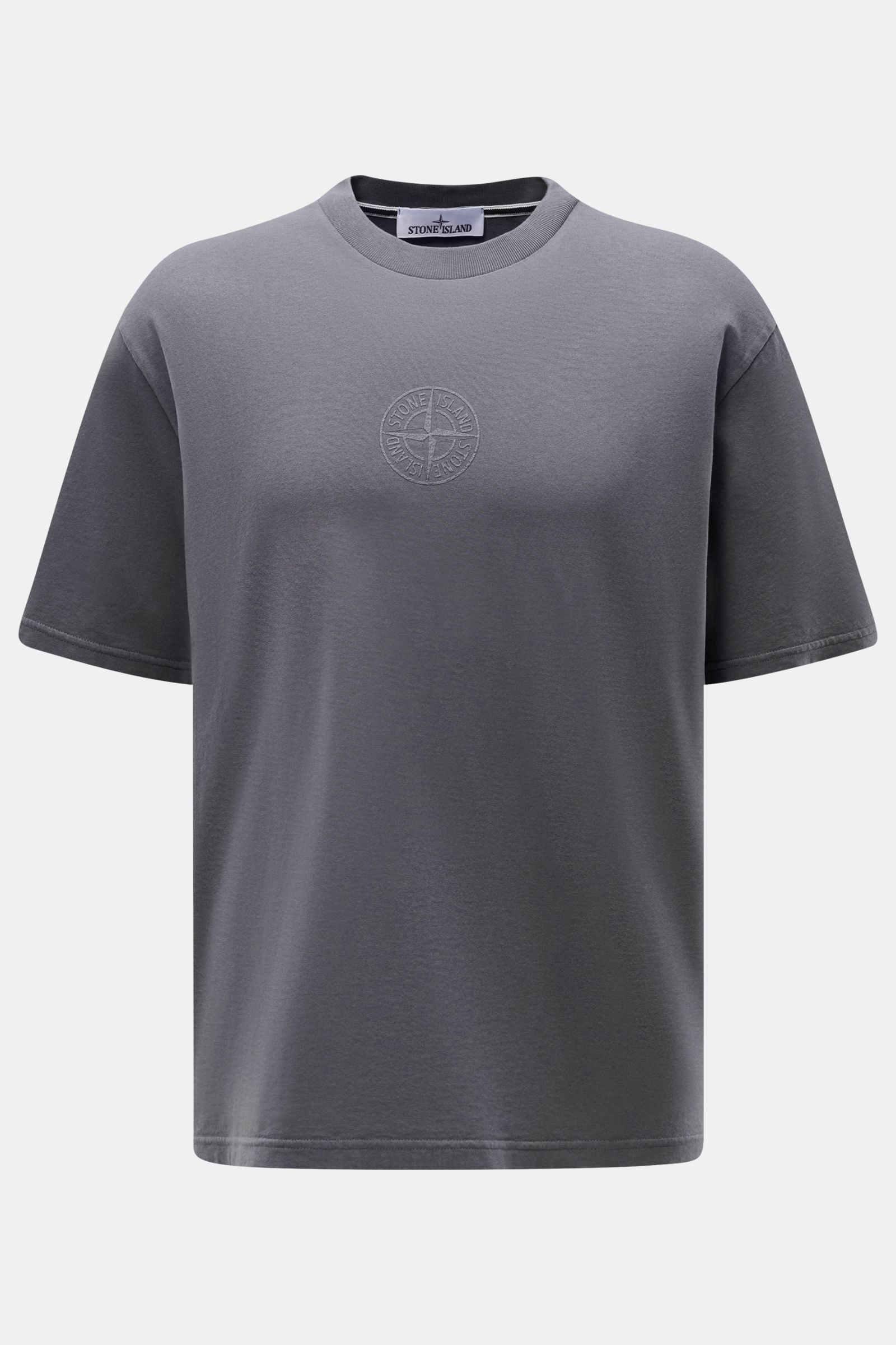 Stone Island Rundhals-T-Shirt dunkelgrau aus schwerer Baumwolle, weicher Griff, Regular Fit, Front- und plakativer Rückenprint, Frontalansicht.