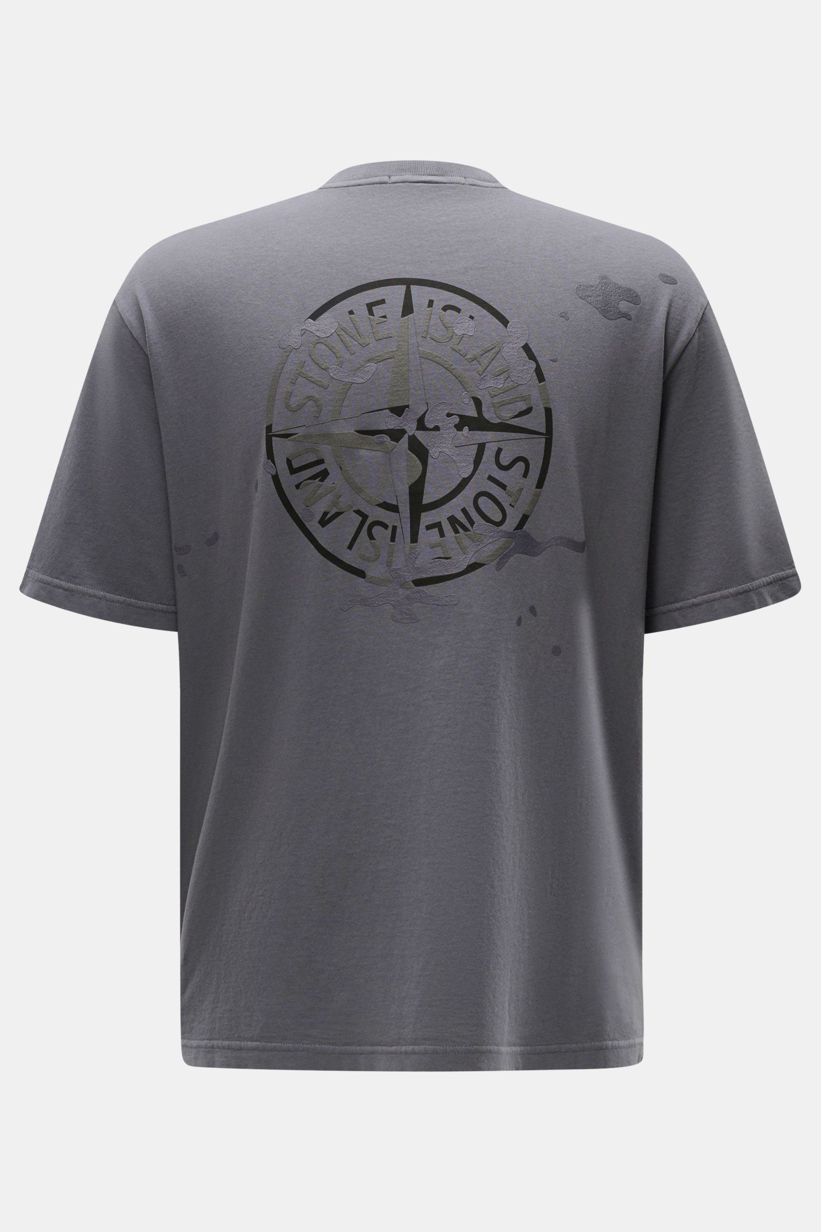 Stone Island Rundhals-T-Shirt dunkelgrau aus reiner Baumwolle, Regular Fit, weicher Griff, Rückansicht mit plakativem STONE ISLAND-Print.