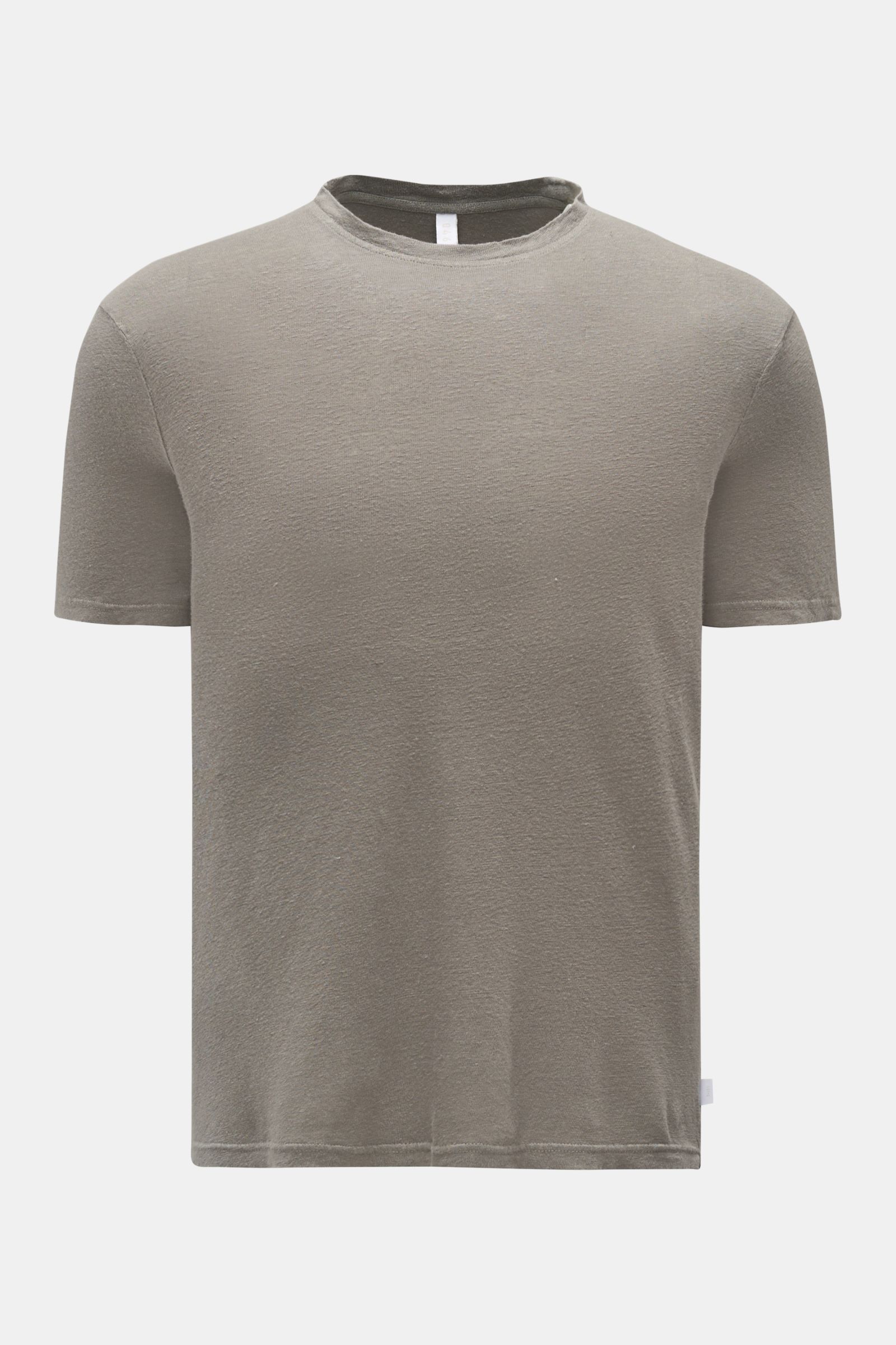 Front view of 04651/ A trip in a bag Leinen-T-Shirt grau, a grey slim fit linen jersey T-shirt with a round neckline, leicht griffige Haptik, luftige Qualität, and leichter Stretch-Anteil.