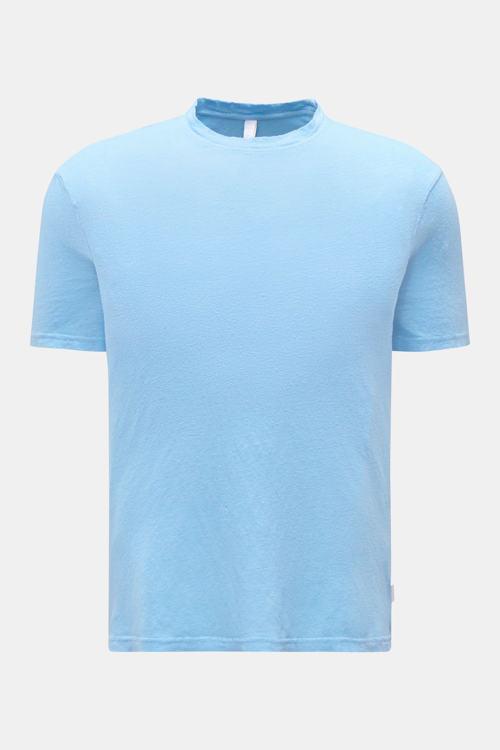 Frontansicht des 04651/ A trip in a bag Leinen-T-Shirts hellblau, Jersey aus Leinen, leicht griffige Haptik, luftige Qualität, leichter Stretch, Slim Fit, Rundhalsausschnitt.