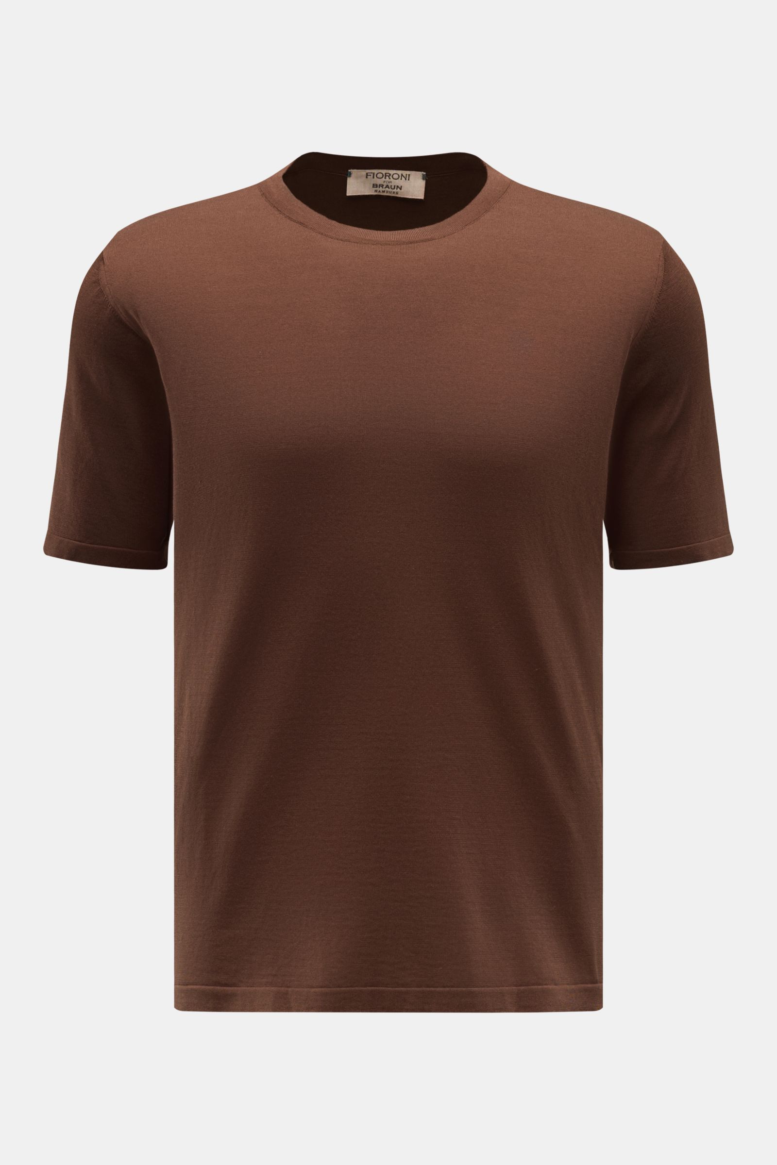 Fioroni Rundhals-T-Shirt braun, fein gestrickt, Slim Fit, weicher Griff, reine Baumwolle, Rundhalsausschnitt, kurze Saumschlitze, Frontansicht.