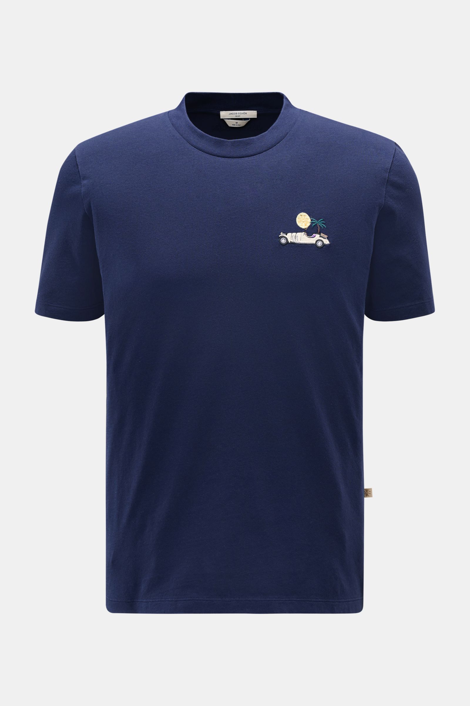 Jacob Cohen Rundhals-T-Shirt 'Resort' navy, klassisches Baumwoll-Shirt mit Cabrio-Stitching, Leder-Label, Slim Fit, weich, Frontansicht.
