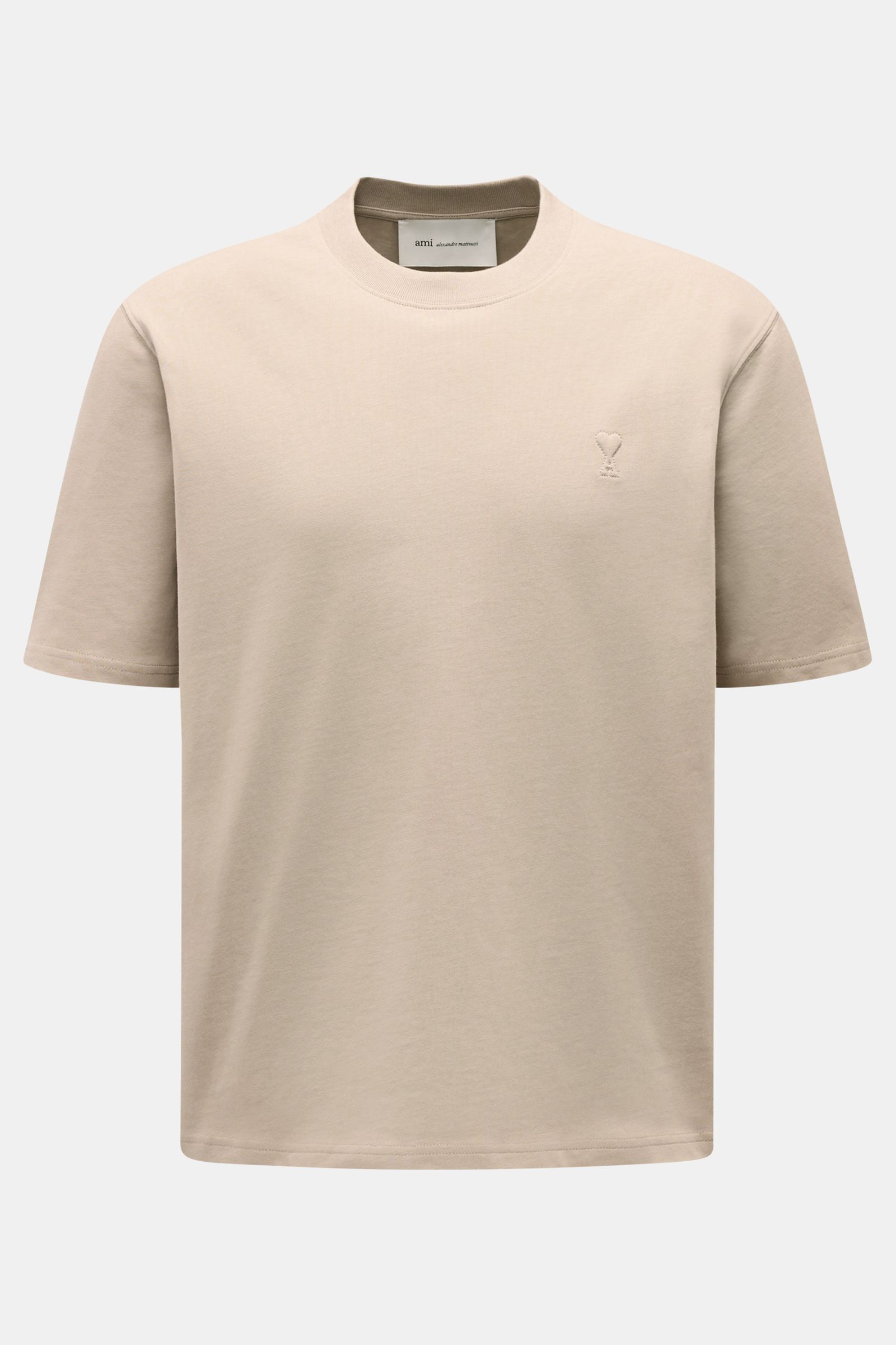 Ami Paris Rundhals-T-Shirt taupe, Frontansicht, Oversized Fit, Jersey aus Baumwolle, Rundhalsausschnitt, abgesteppte Herz-Logo, weicher Griff, schwere Qualität.