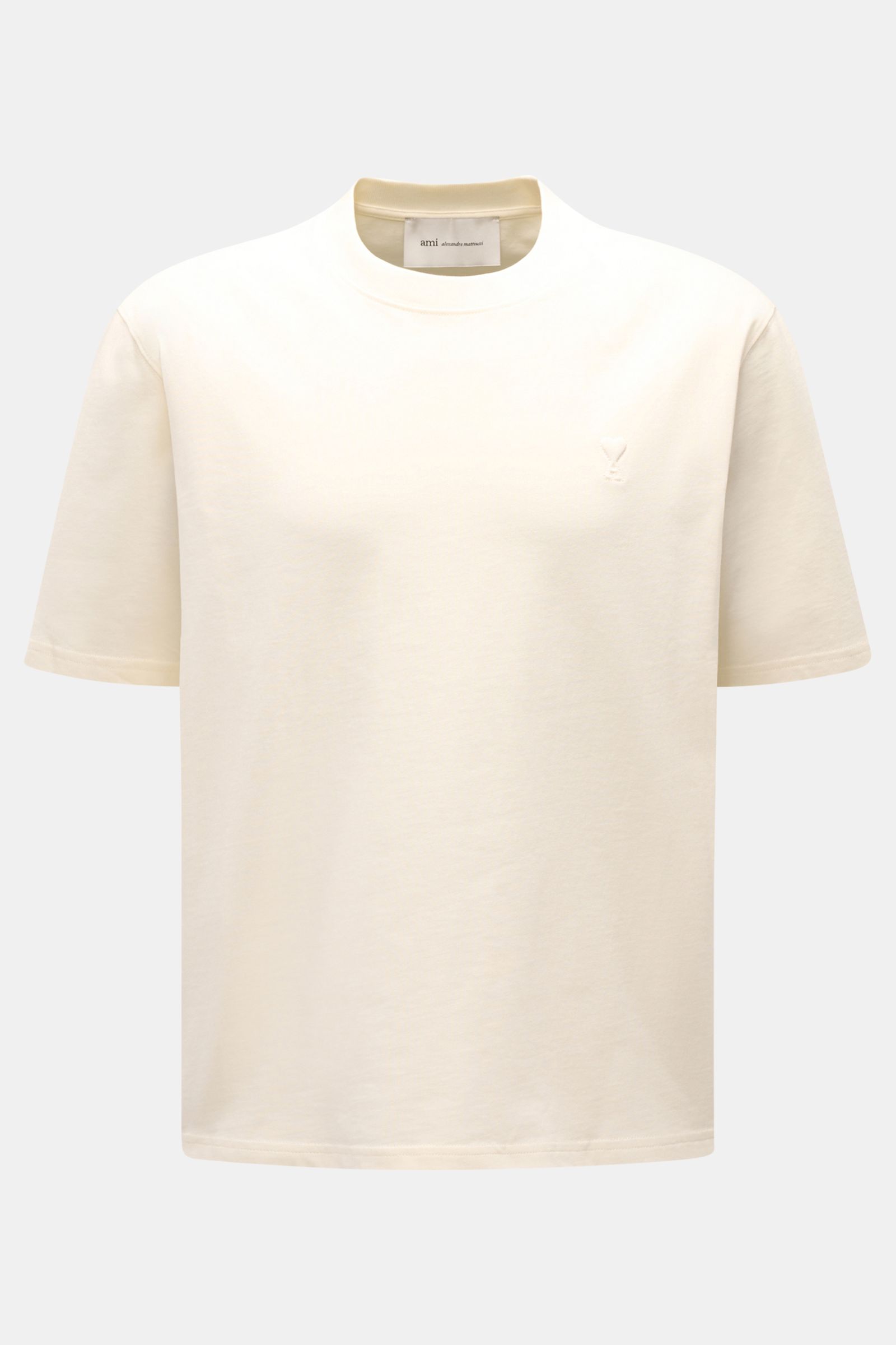 Ami Paris Rundhals-T-Shirt creme, Frontansicht, Oversized Fit, Jersey aus Baumwolle, abgesteppte Herz-Logo, weicher Griff, Rundhalsausschnitt.