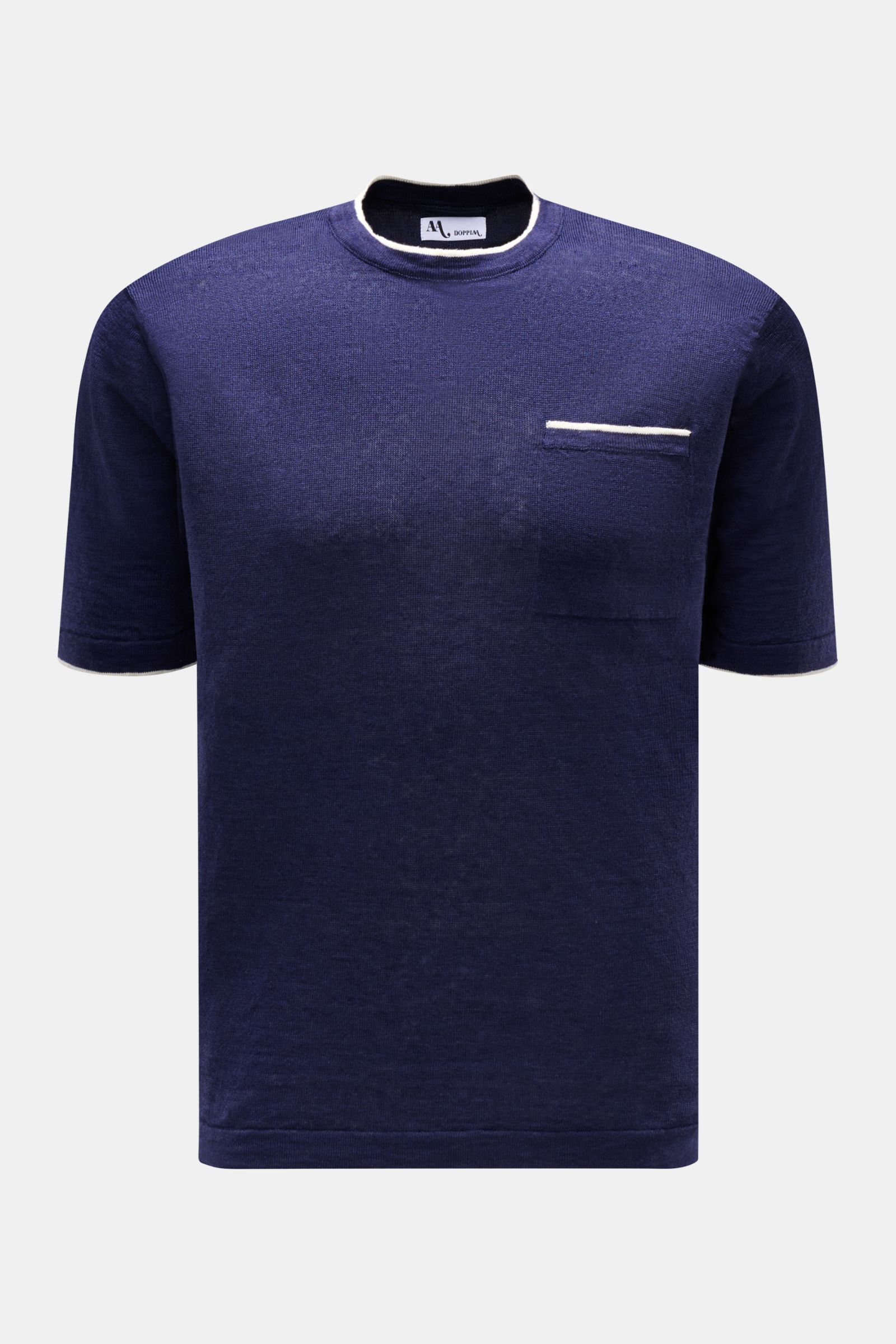 Doppiaa Rundhals-T-Shirt 'Aalfeo' dunkelblau aus reinem Leinen, weichem Griff, Brusttasche, Kontrastkanten, Regular Fit, kurze Saumschlitze, Frontansicht.
