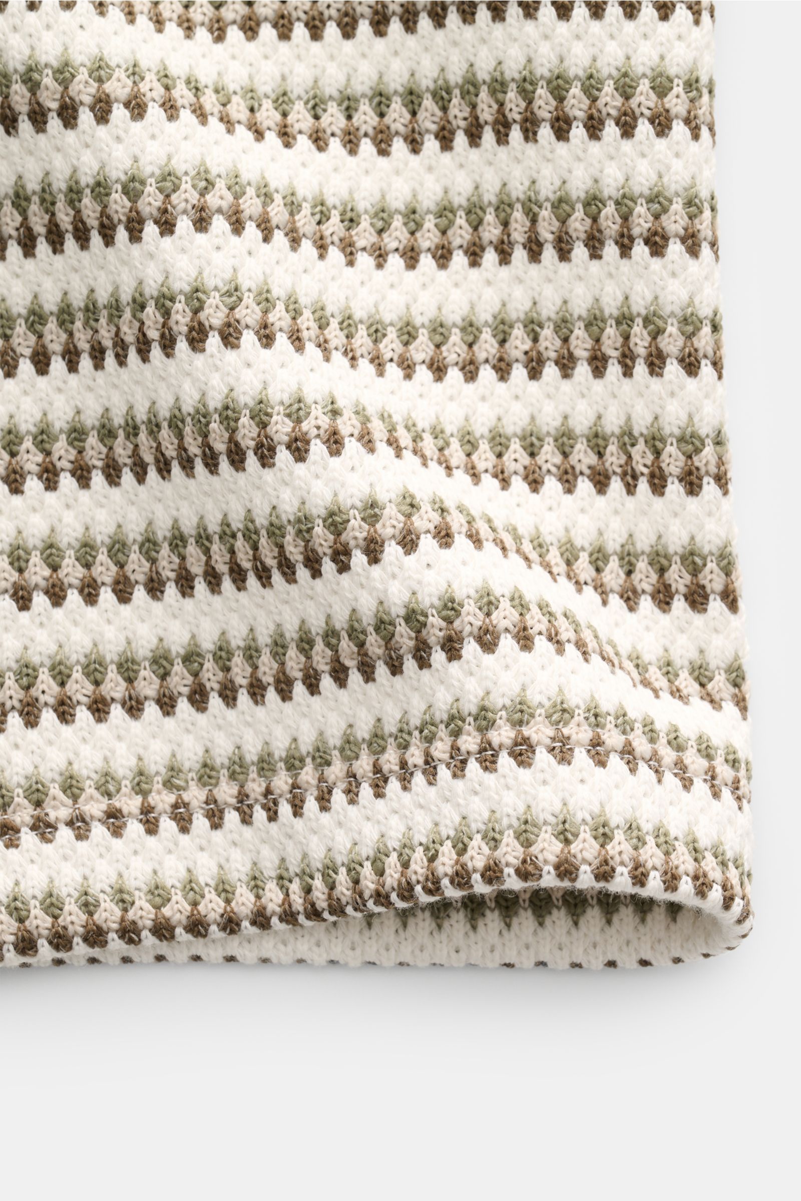 Close-up front view of Ché Kurzarmpullover 'Mathias' creme/salbei/dark olive gestreift showing fine striped knit texture with soft cotton-microfiber blend.

Lässiger Urlaubslook: Der Kurzarmpullover von CHÉ wird mit seiner Häkeltasche zum Hingucker und