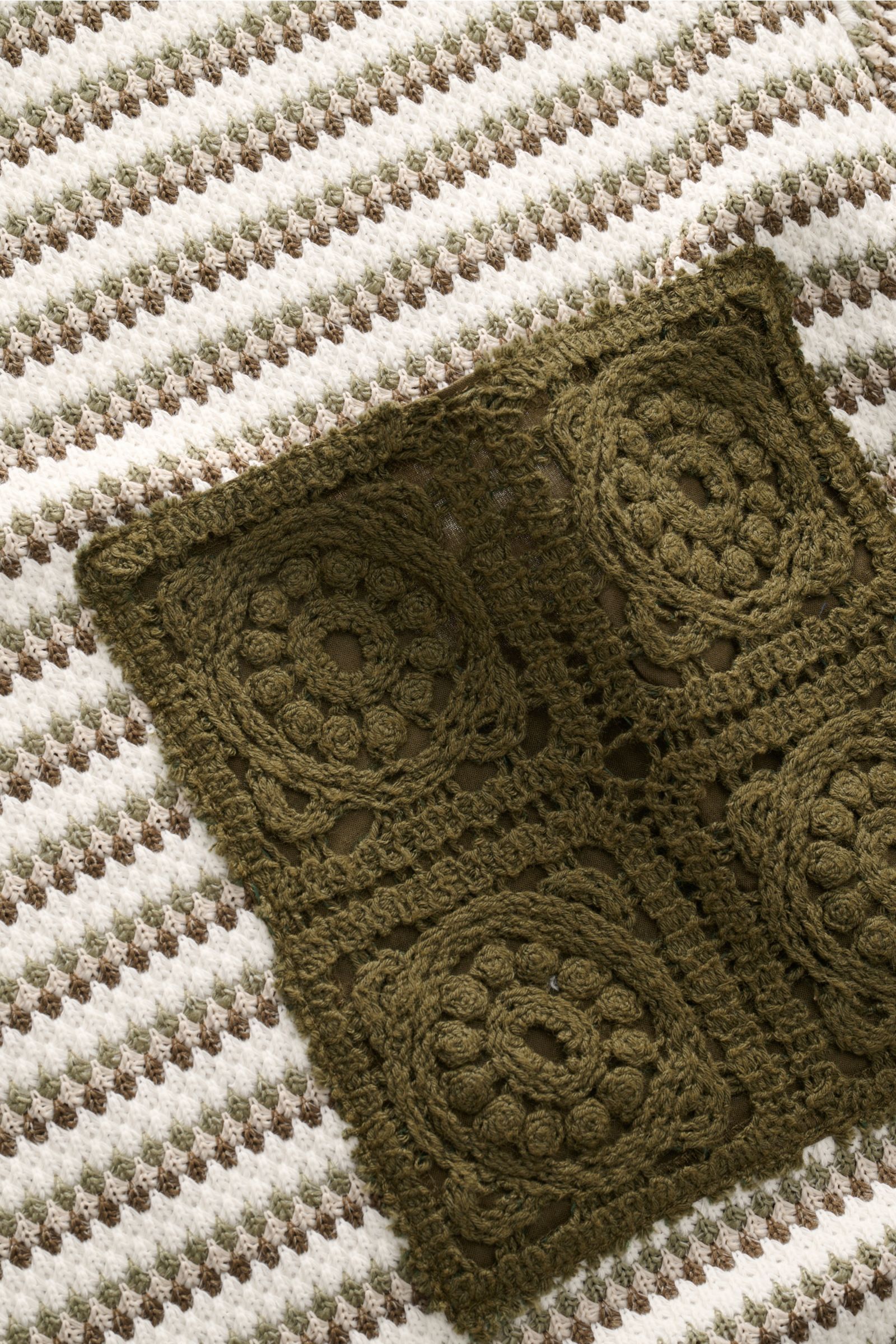 Close-up from a top angle of the Ché Kurzarmpullover 'Mathias' creme/salbei/dark olive gestreift showing fine striped knit texture in cream, sage, and dark olive with an olive crochet chest pocket. Lässiger Urlaubslook: Der Kurzarmpullover von CHÉ wird
