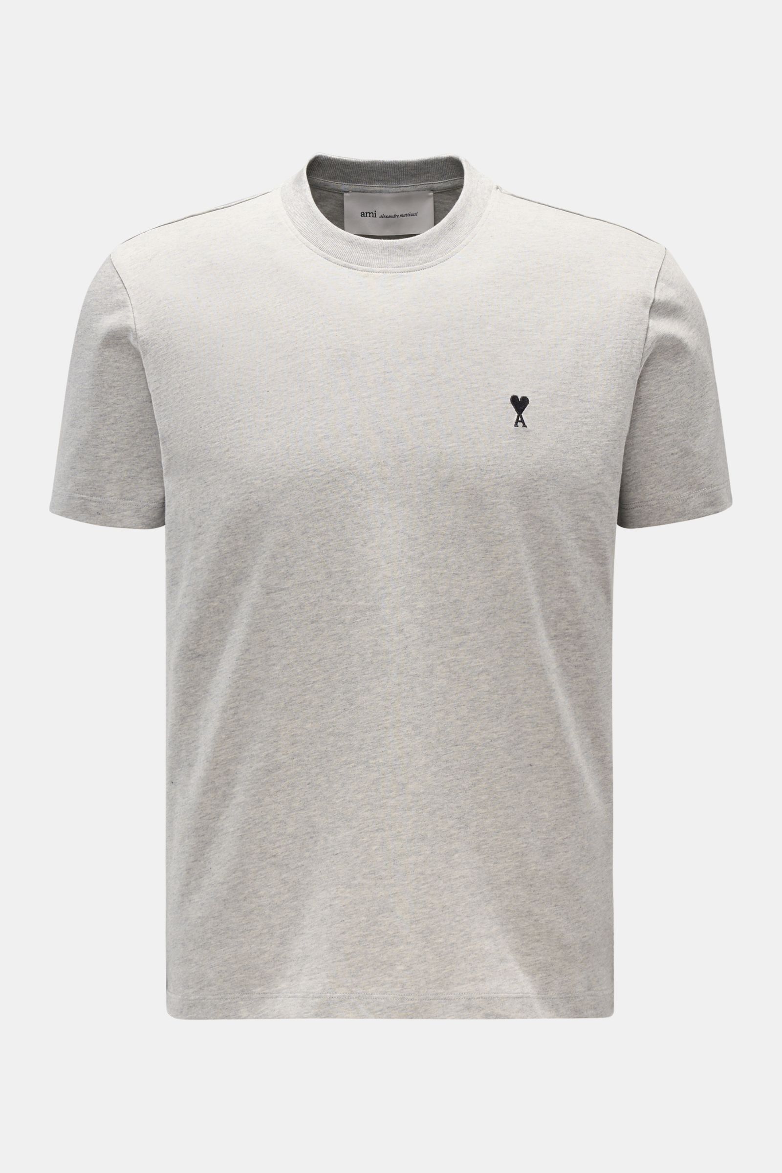 A front view of the Ami Paris Rundhals-T-Shirt grau meliert, a classic grey melange jersey T-shirt with a round neckline and small heart-stitching on the chest. Klassisches Jersey-Basic vom französischen Label AMI PARIS: Dieses T-Shirt mit Rundhalsauss