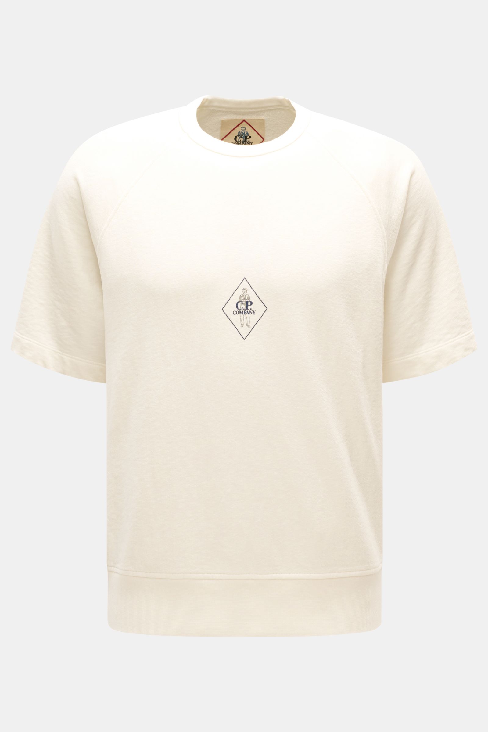 Alt tag (125 characters max):
Front view of C.P. Company Crew neck short sleeve sweatshirt cream with small retro logo print on chest, raglan sleeves.

Description:
This lightweight short sleeve sweatshirt with small logo print on the front is a cool s