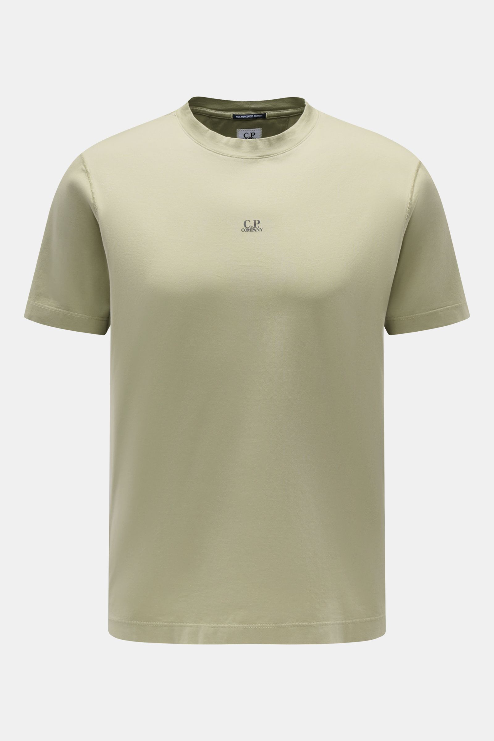 Front view of C.P. Company Crew neck T-shirt olive, slim fit with crew neck and subtle logo print on chest, made of soft mercerised cotton jersey.

Description: C.P. COMPANY gives this classic T-shirt its unmistakable signature touch with a subtle logo