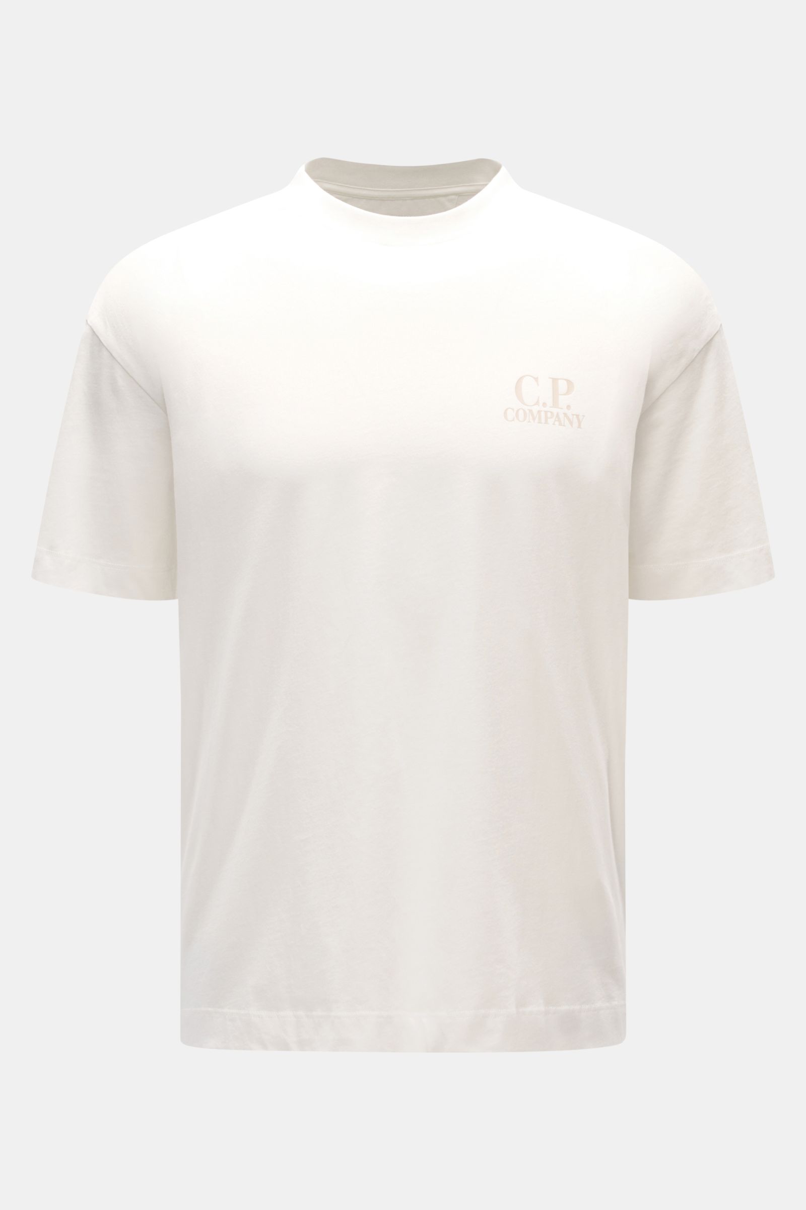 C.P. Company T-Shirt offwhite von vorne fotografiert, Slim Fit, Rundhalsausschnitt, weicher Griff, Logo-Print auf Brust, reine Baumwolle.
