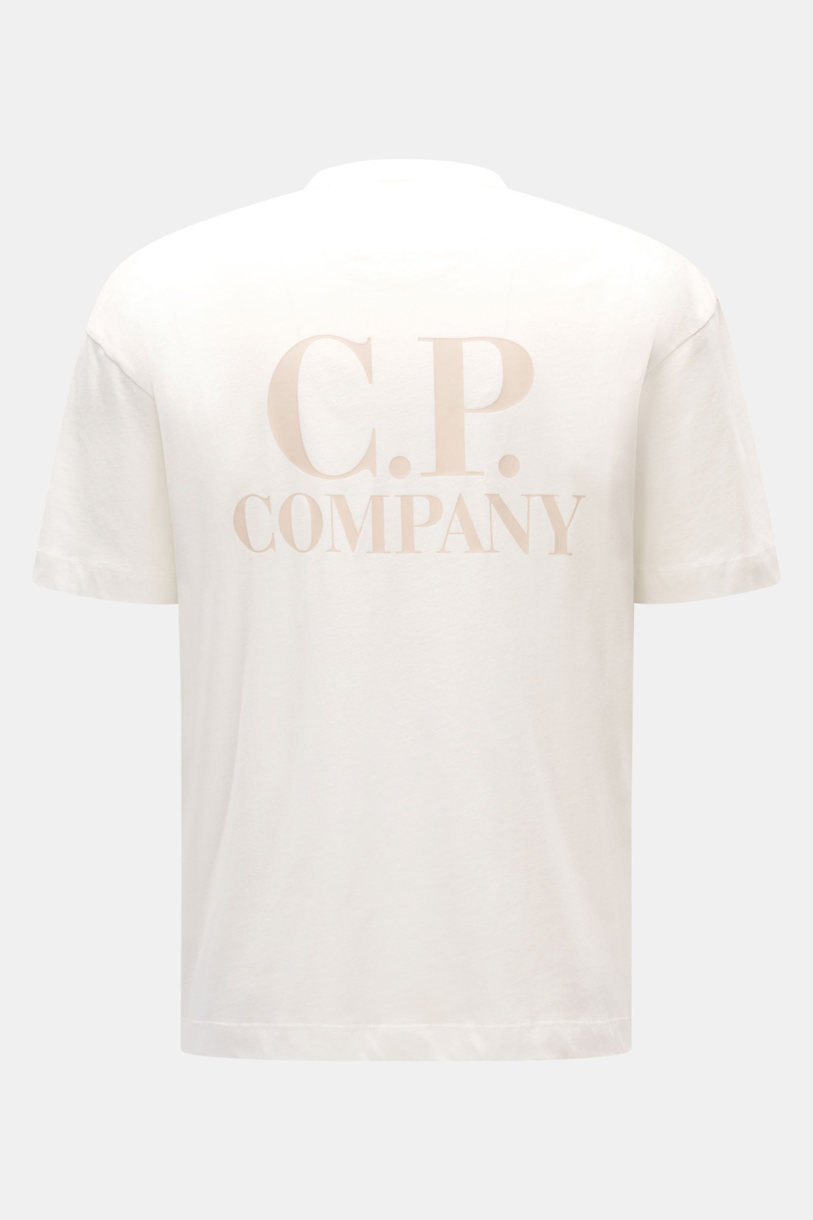 C.P. Company T-Shirt offwhite rückseitig fotografiert, Slim Fit, reine Baumwolle, weicher Griff, Rundhalsausschnitt, großer Backprint und Logo-Print auf der Brust.