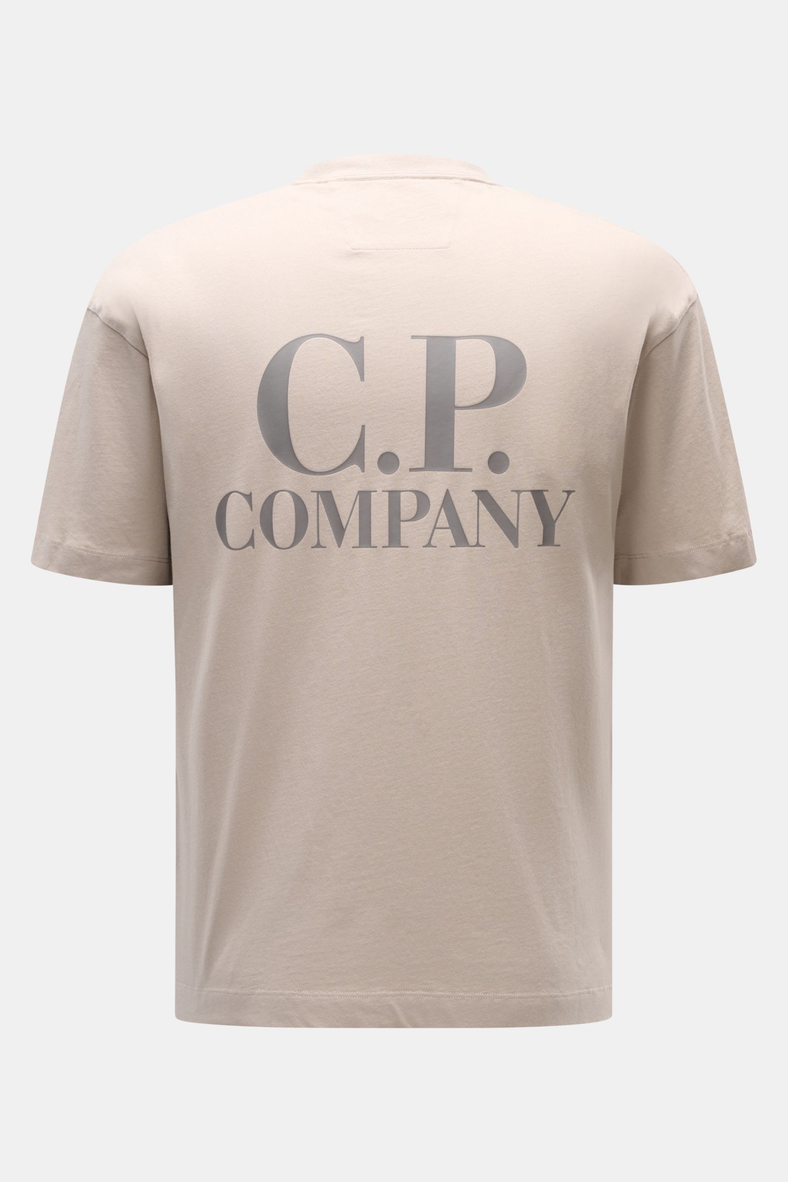 Beige C.P. Company T-Shirt aus reiner Baumwolle, Slim Fit mit Rundhalsausschnitt, weicher Griff, Ansicht von hinten mit großem Backprint und Brustlogo.