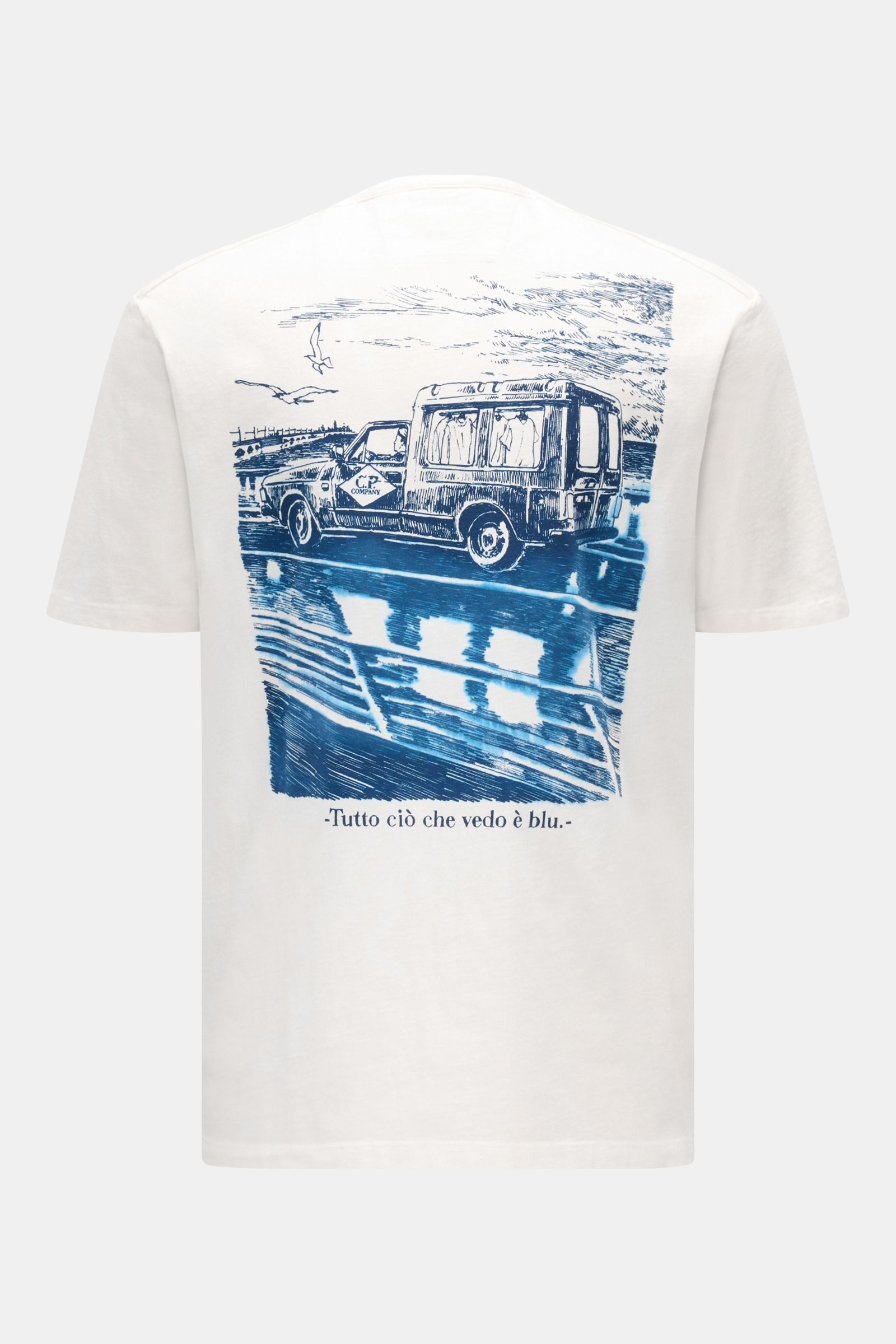 Back view of the C.P. Company T-Shirt creme showing a large blue graphic print of a truck and seagulls, photographed straight-on.

Description: Sommerliche Leichtigkeit: Mit seinem ausdrucksstarken Backprint und reiner Baumwollqualität versprüht das T-