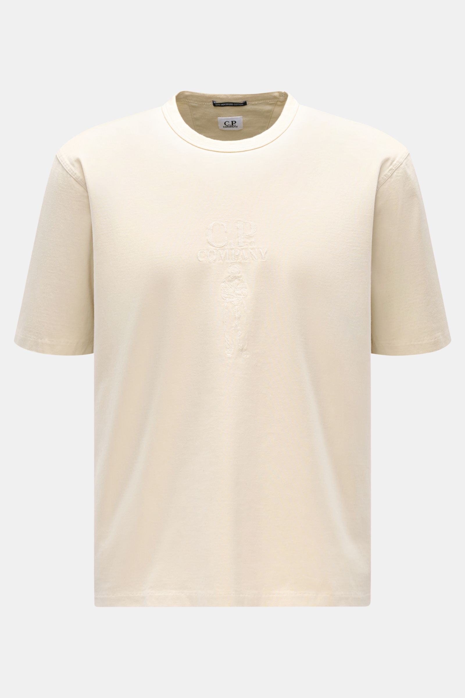C.P. Company Rundhals-T-Shirt sand, frontale Ansicht, Jersey aus mercerisierter Baumwolle, weicher Griff, Regular Fit, Logo-Stitching auf der Brust.