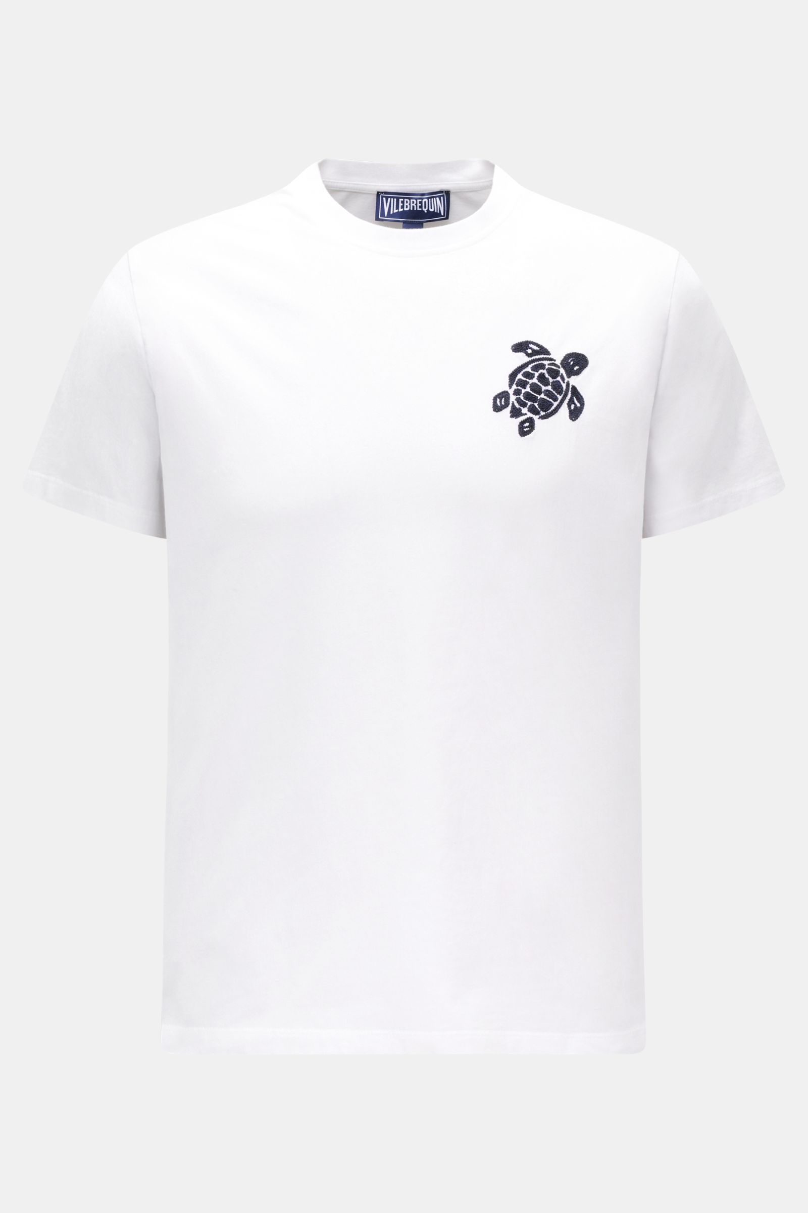 Vorderansicht des weißen Vilebrequin Rundhals-T-Shirts 'Partisol' mit super softem Griff, Slim Fit und Schildkröten-Stitching.