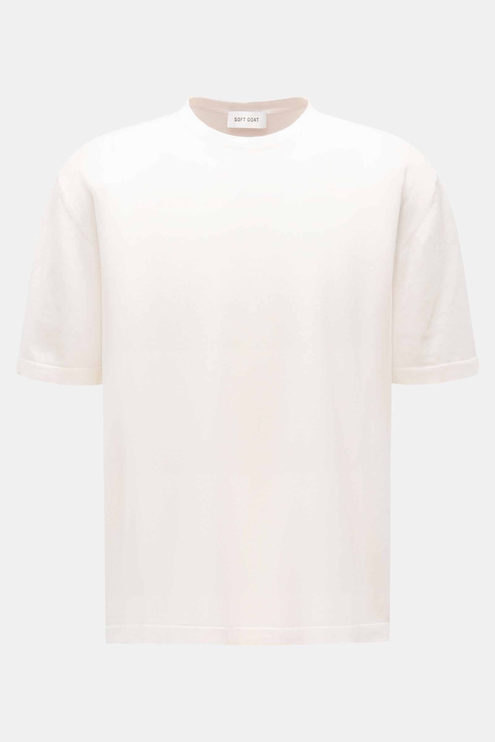 Soft Goat Kurzarmpullover creme, Oversized Fit, weich, feines Strickbild, Rundhalsausschnitt, Baumwoll-Cashmere-Mix, Frontansicht.