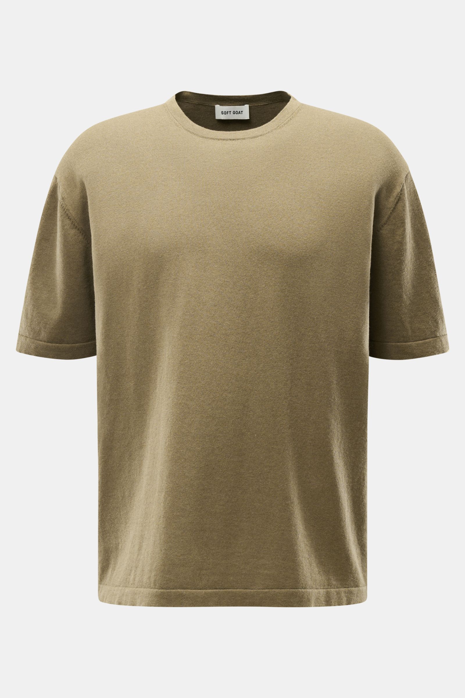 Soft Goat Kurzarmpullover khaki im Oversized Fit, aus Baumwoll-Cashmere-Mix mit Rundhalsausschnitt, frontal fotografiert, weicher Griff, feines Strickbild.