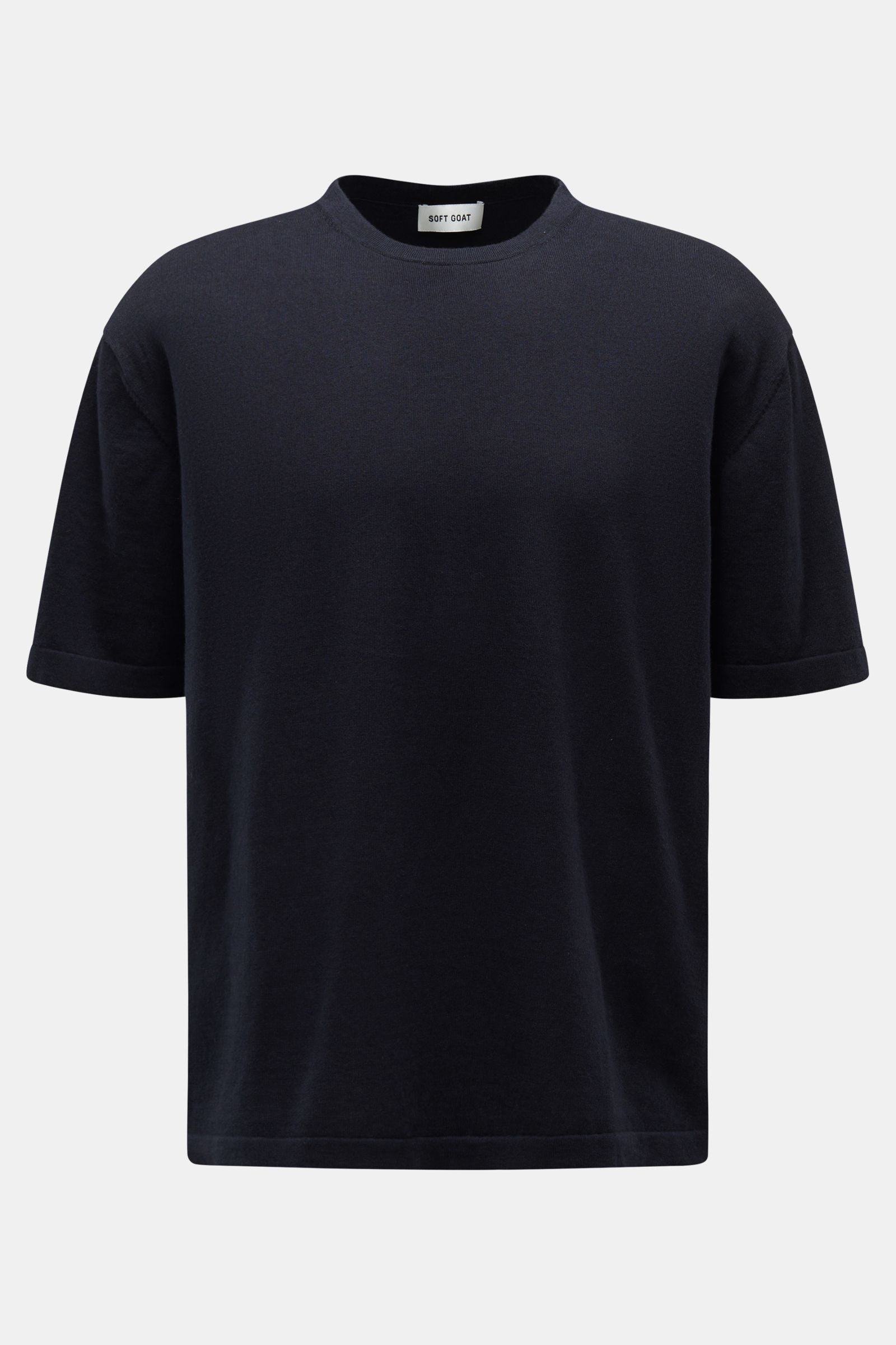Soft Goat Kurzarmpullover dark navy, Frontansicht, Oversized Fit, Rundhalsausschnitt, feines Strickbild, Baumwoll-Cashmere-Mix, sehr weich.