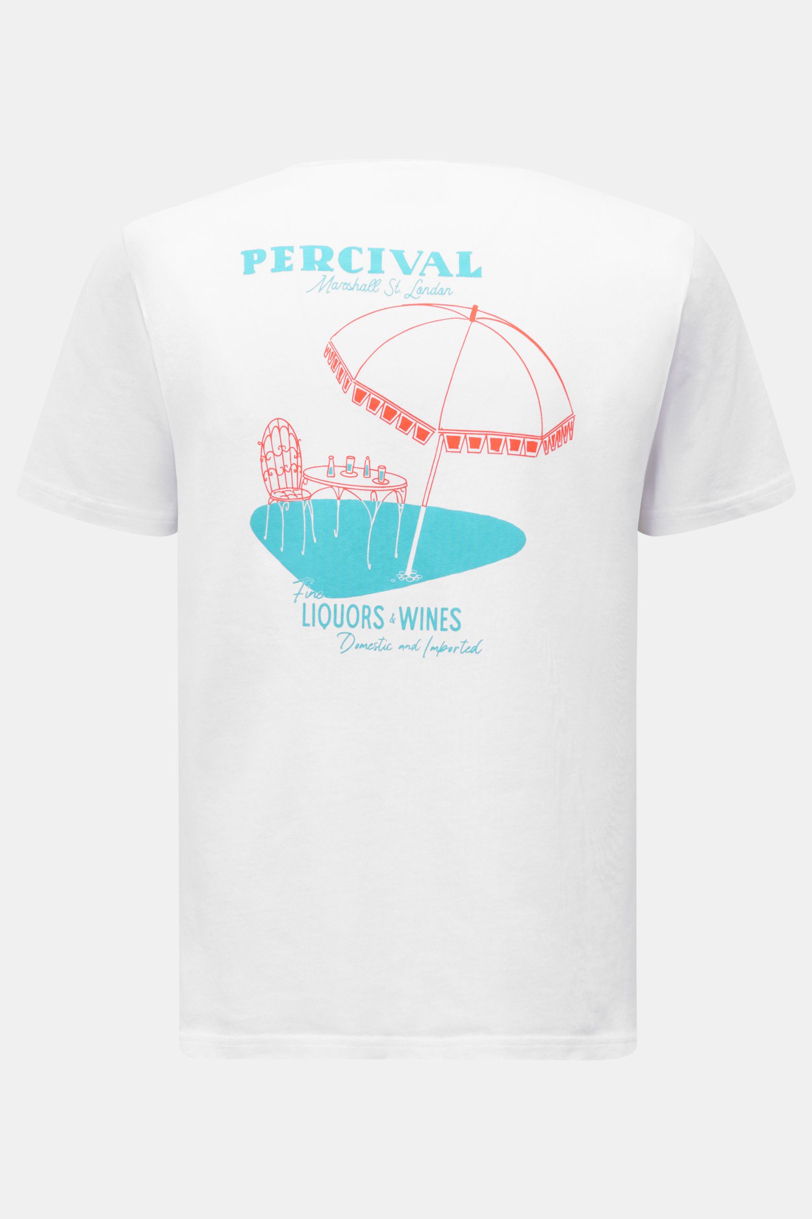 Percival T-Shirt 'Fine Wines' weiß, Rückansicht mit mehrfarbigem Backprint, Slim Fit, weiche Baumwolle, Rundhalsausschnitt, Logo auf der Brust.