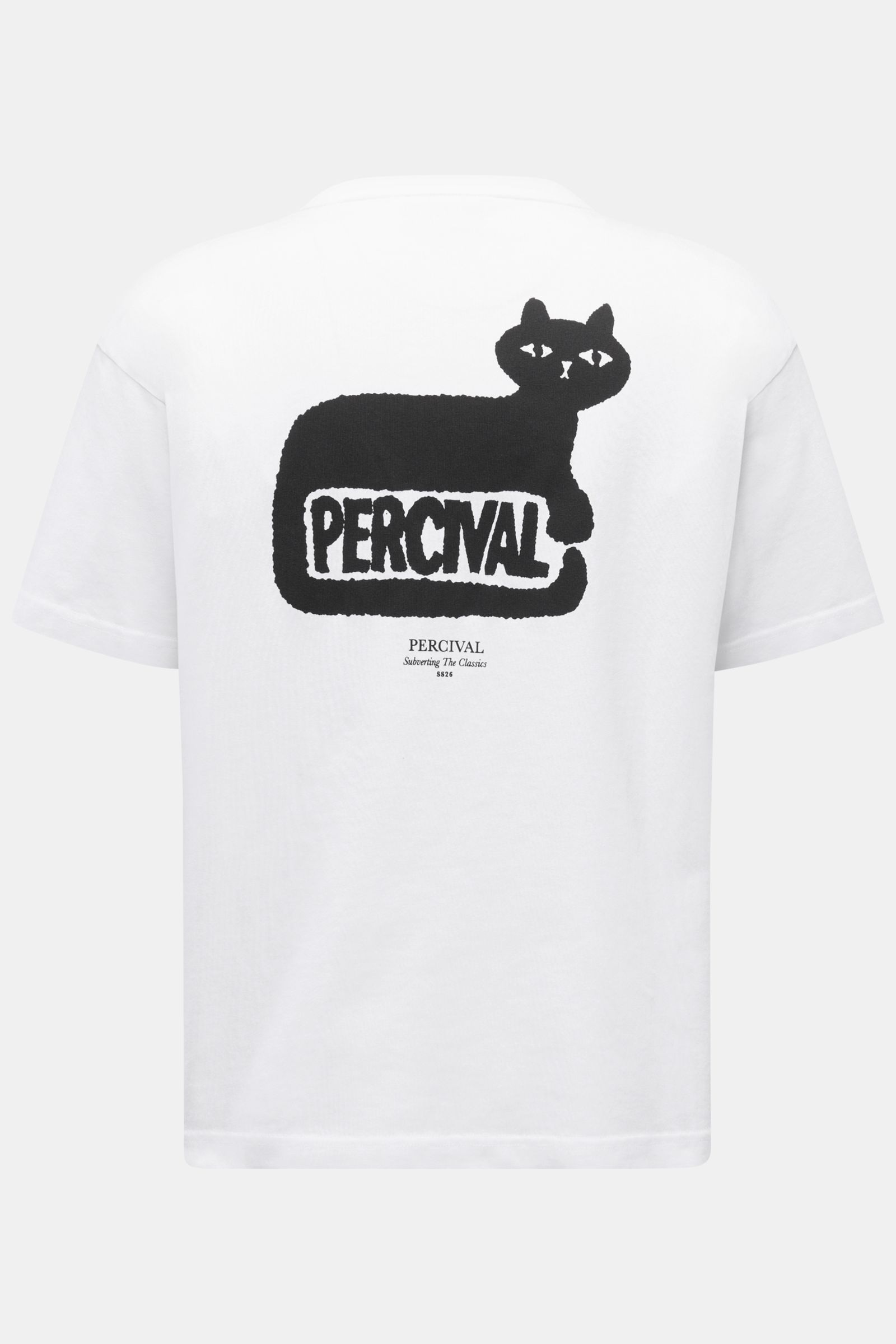 Rear view of the Percival T-Shirt 'Perci Loaf' weiß in white, featuring a relaxed, oversized fit with a large black cat logo print on the back. Cool for summer with pure cotton, soft touch, round neckline, logo print on chest, and a prominent back print.