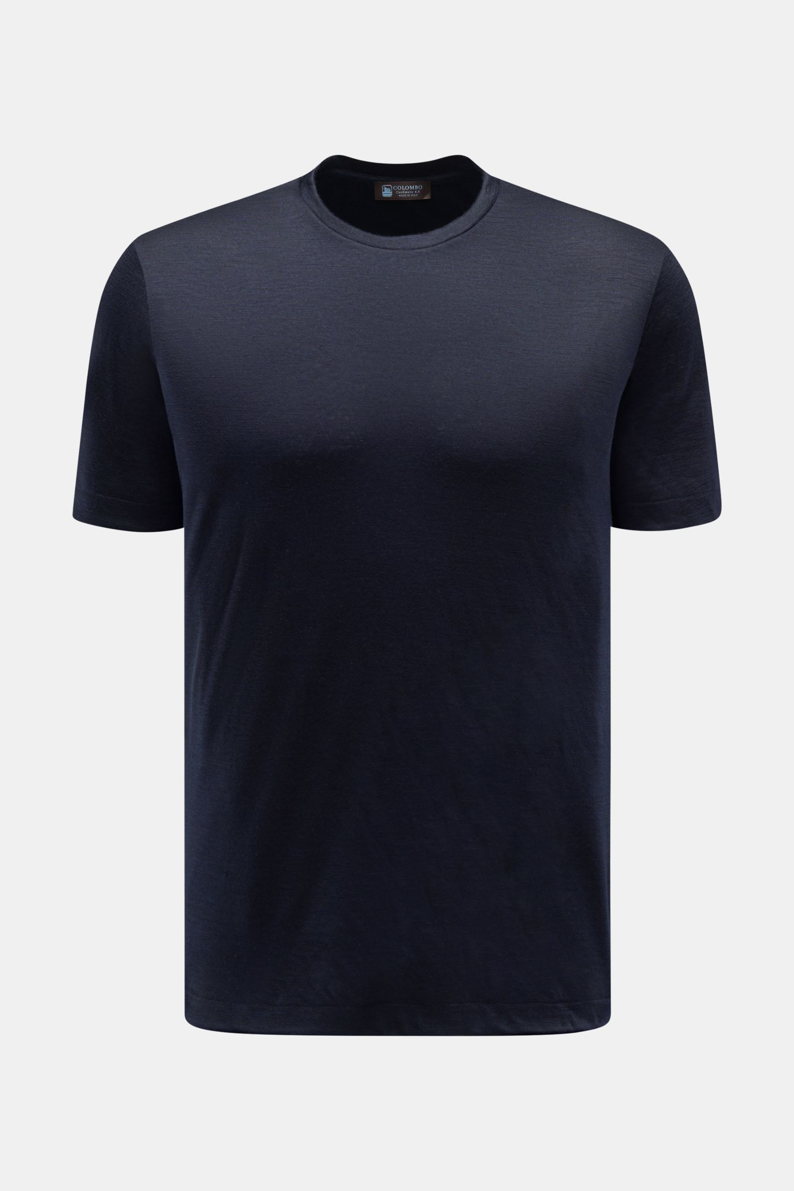 Colombo Cashmere T-shirt navy, frontal fotografiert, reines Cashmere, weicher Griff, Regular Fit, Rundhalsausschnitt, elegante Haptik.