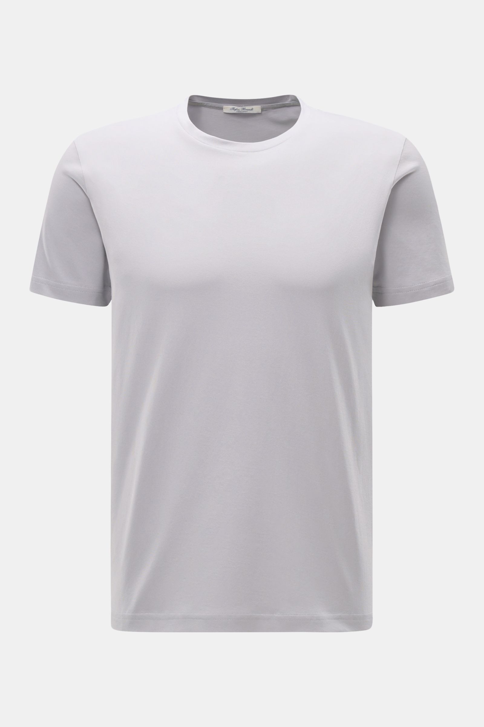 Stefan Brandt Rundhals-T-Shirt 'Enno' hellgrau, Slim Fit, aus weicher Urpima Sea Island Baumwolle, Frontansicht mit Rundhalsausschnitt.