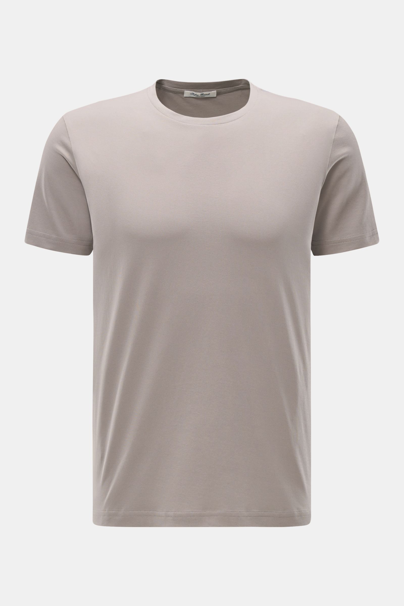 Stefan Brandt Rundhals-T-Shirt 'Enno' taupe, Slim Fit, weicher Urpima Sea Island Baumwoll-Jersey, Frontansicht mit Rundhalsausschnitt.
