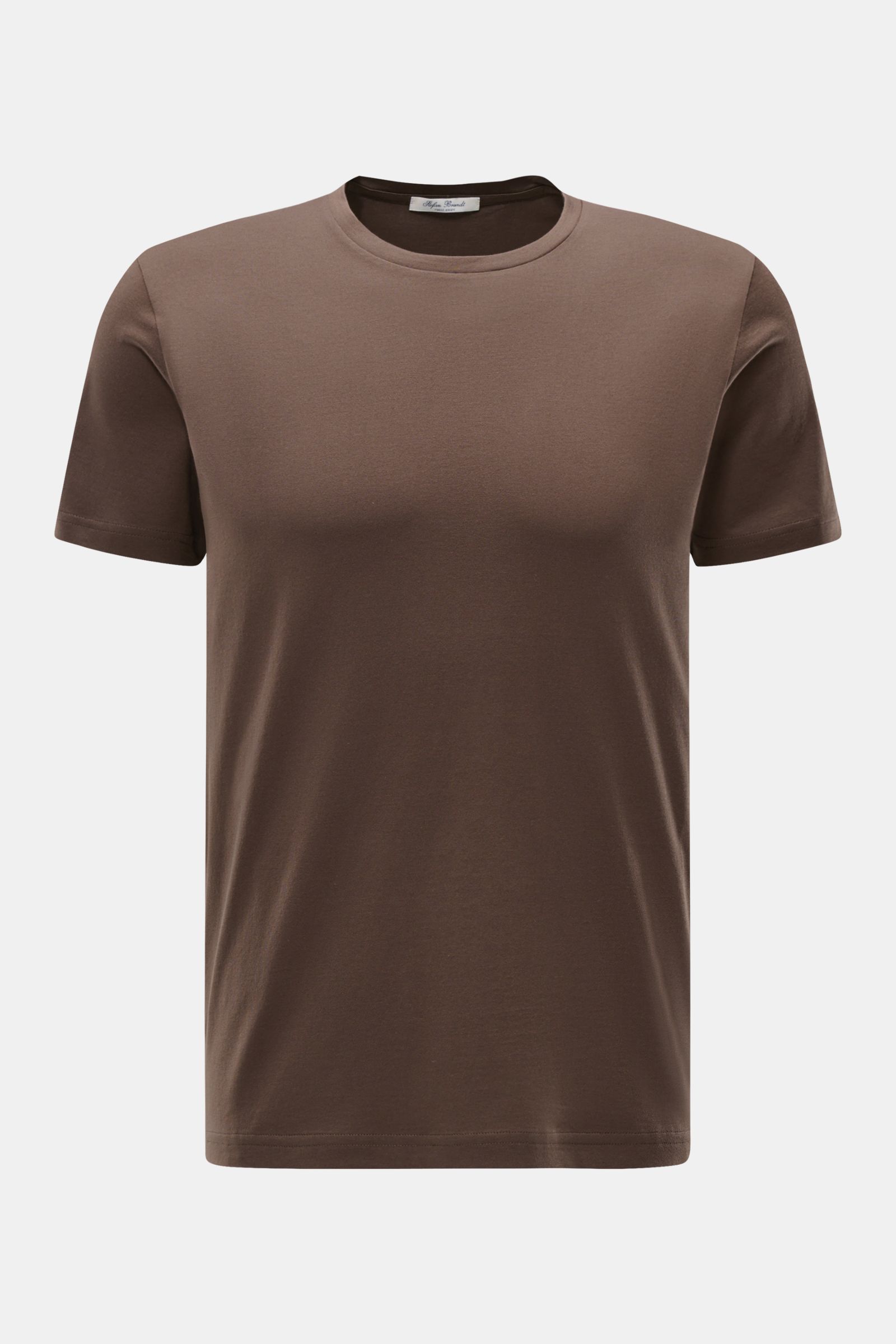 Stefan Brandt Rundhals-T-Shirt 'Enno' graubraun, Slim Fit, aus weicher Urpima Sea Island Baumwolle, Frontansicht mit Rundhalsausschnitt.