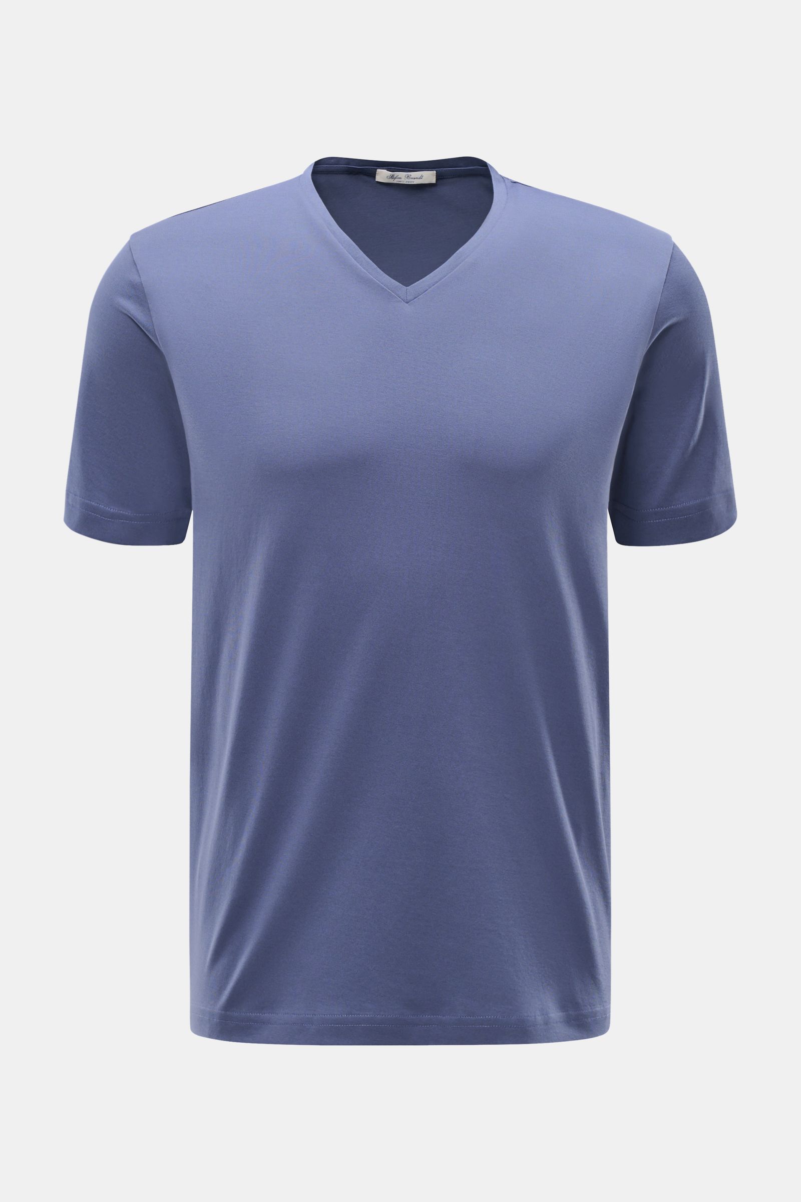 Stefan Brandt V-Neck T-Shirt 'Artur' rauchblau, Slim Fit, V-Ausschnitt, aus weicher biologischer Pima-Baumwolle, Frontansicht.