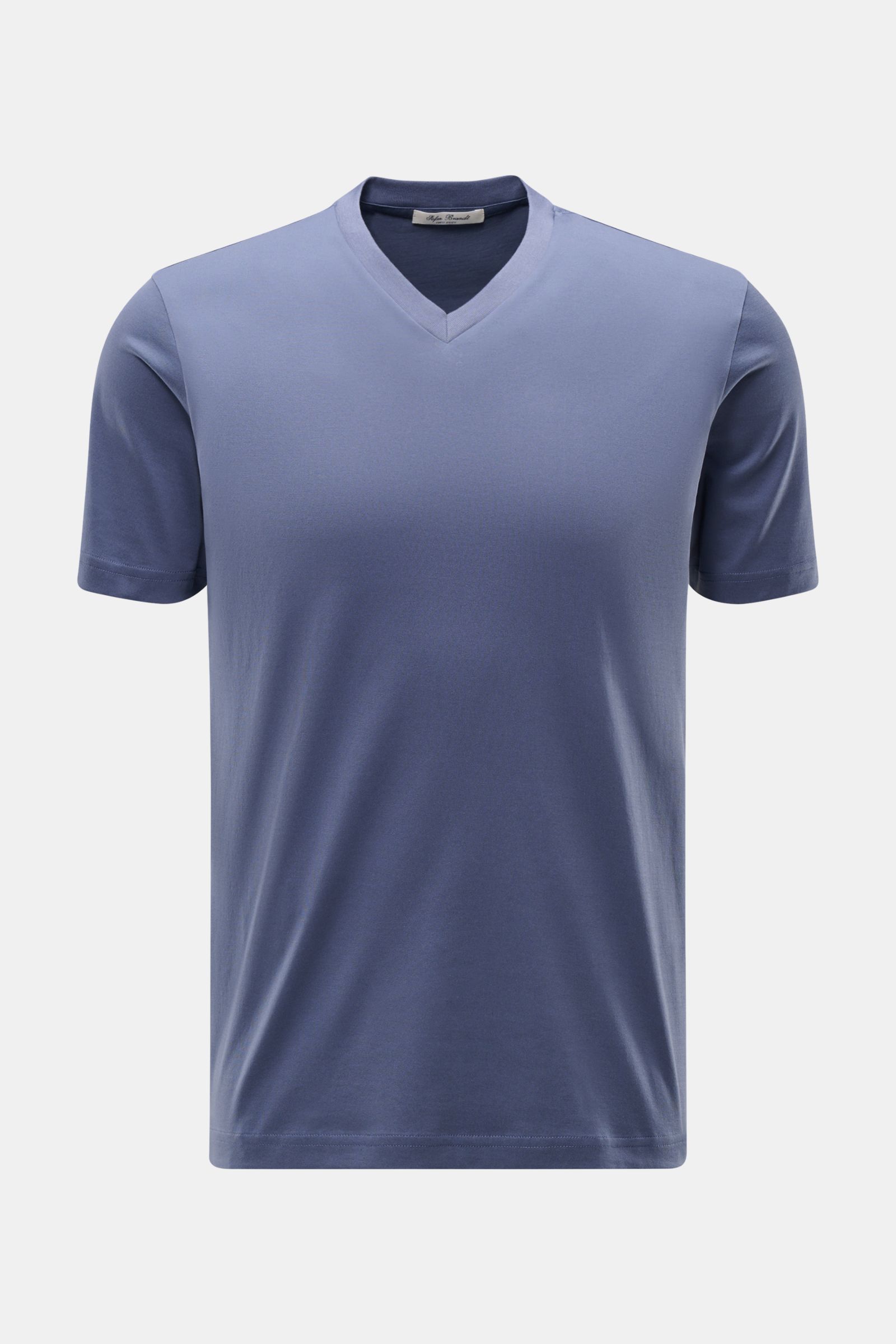 Frontale Nahaufnahme des Stefan Brandt V-Neck T-Shirts „Adam“ graublau, Slim Fit, aus weicher Urpima Sea Island Baumwolle mit V-Ausschnitt.