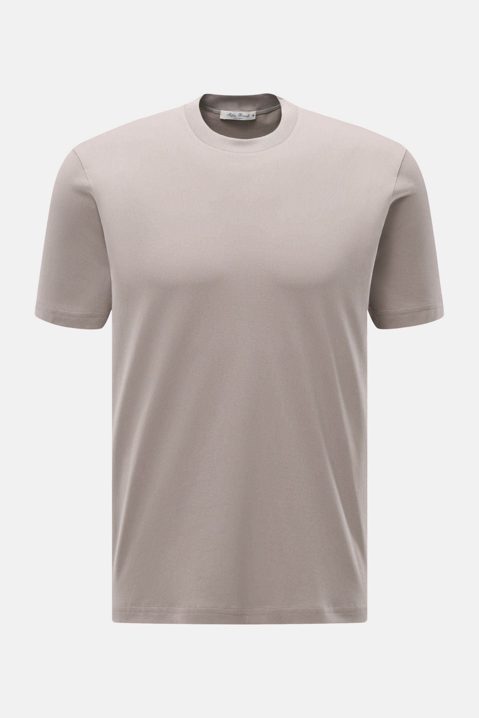 Frontansicht des Stefan Brandt Rundhals-T-Shirt 'Eli' taupe aus feinem Pima-Baumwoll-Jersey, Slim Fit, sehr weich.