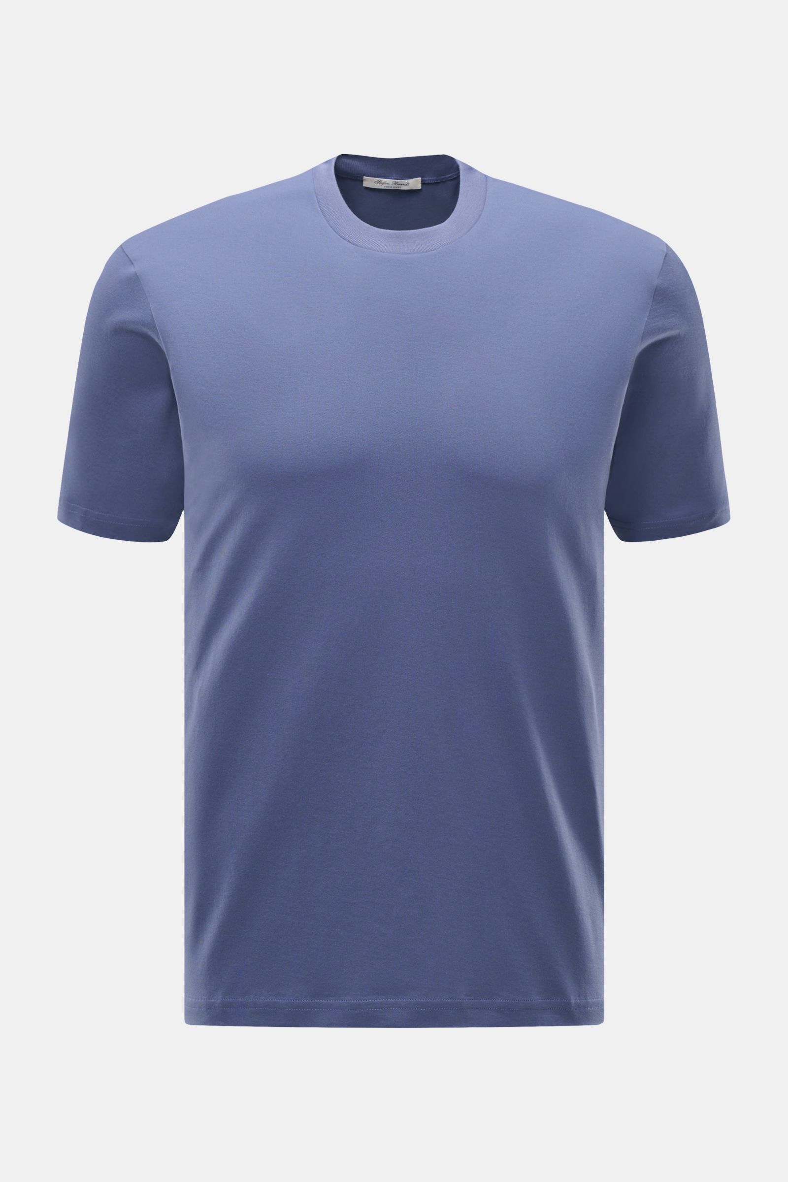 Frontansicht des Stefan Brandt Rundhals-T-Shirt 'Eli' graublau aus feinem Pima-Baumwoll-Jersey, Slim Fit, weicher Griff, Rundhalsausschnitt.
