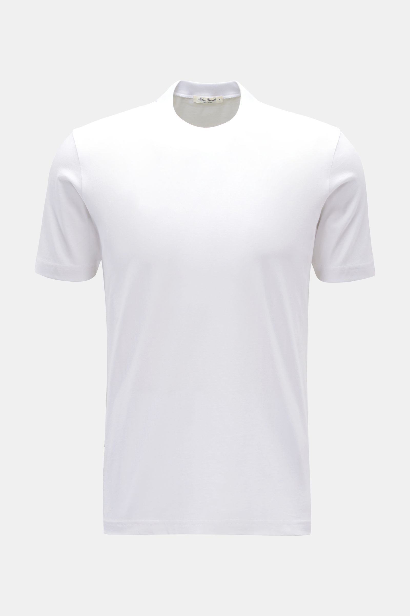 Front view of Stefan Brandt Rundhals-T-Shirt 'Eli' weiß, a slim fit white jersey T-shirt made from pure Pima cotton with a very soft touch and round neckline. Jersey in seiner feinsten Qualität: Mit seinem Expertenwissen über Materialien schafft STEFAN BR