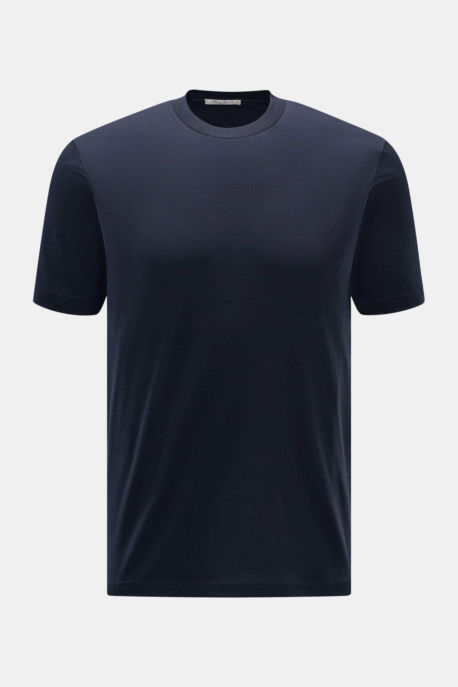 Front view of Stefan Brandt Rundhals-T-Shirt 'Eli' navy, a slim fit jersey made from pure 'Urpima Sea Island' cotton with a very soft touch and round neckline. Jersey in seiner feinsten Qualität: Mit seinem Expertenwissen über Materialien schafft STEFAN B