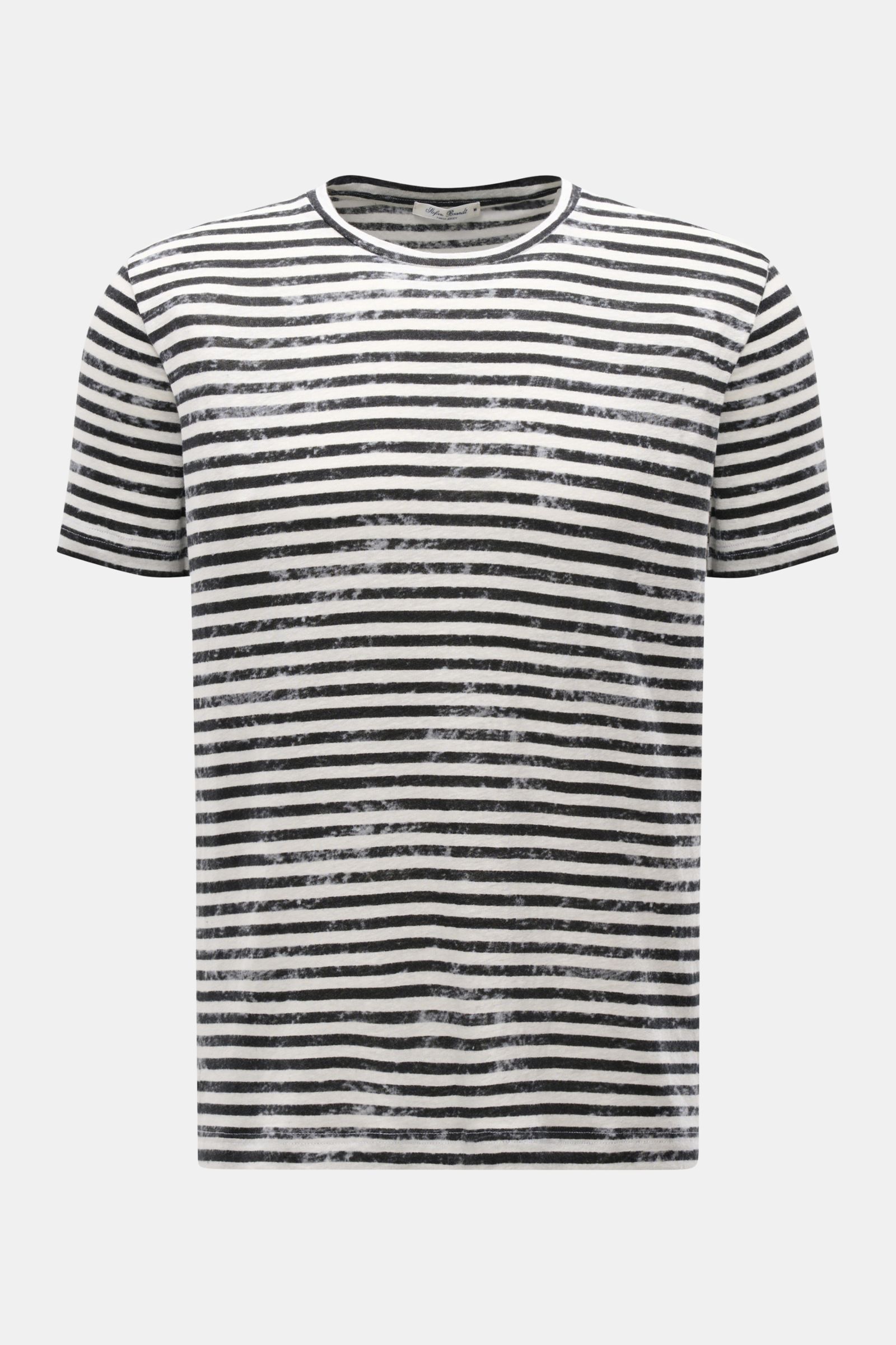 Stefan Brandt Leinen Rundhals-T-Shirt schwarz/offwhite gestreift, Frontansicht, elastischer Leinen-Jersey, weicher Griff, Regular Fit, maritime Streifen.