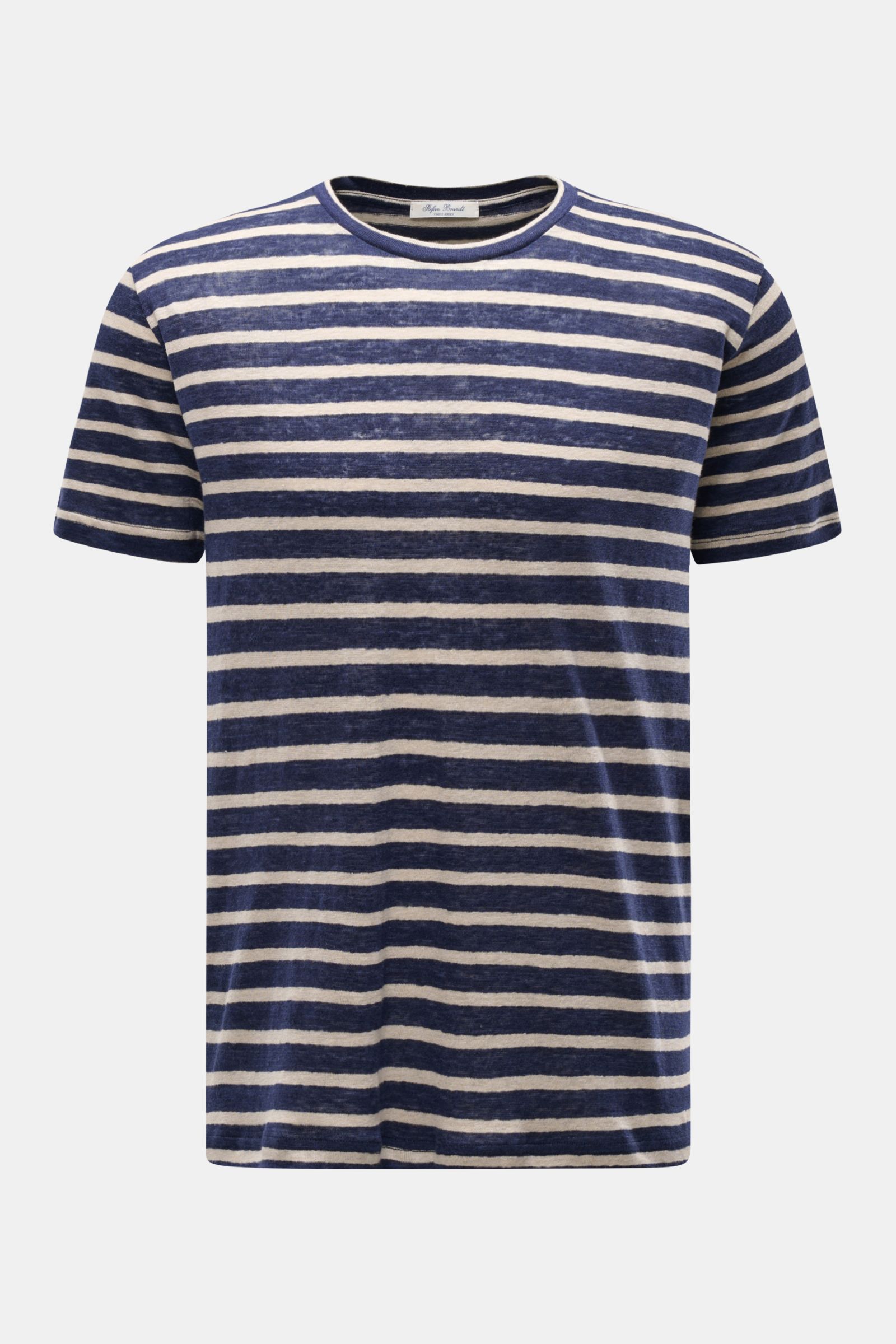Stefan Brandt Leinen Rundhals-T-Shirt 'Enno' navy/sand gestreift, Slim Fit, reine Leinenqualität, weicher Griff, leichte Struktur, frontale Perspektive.