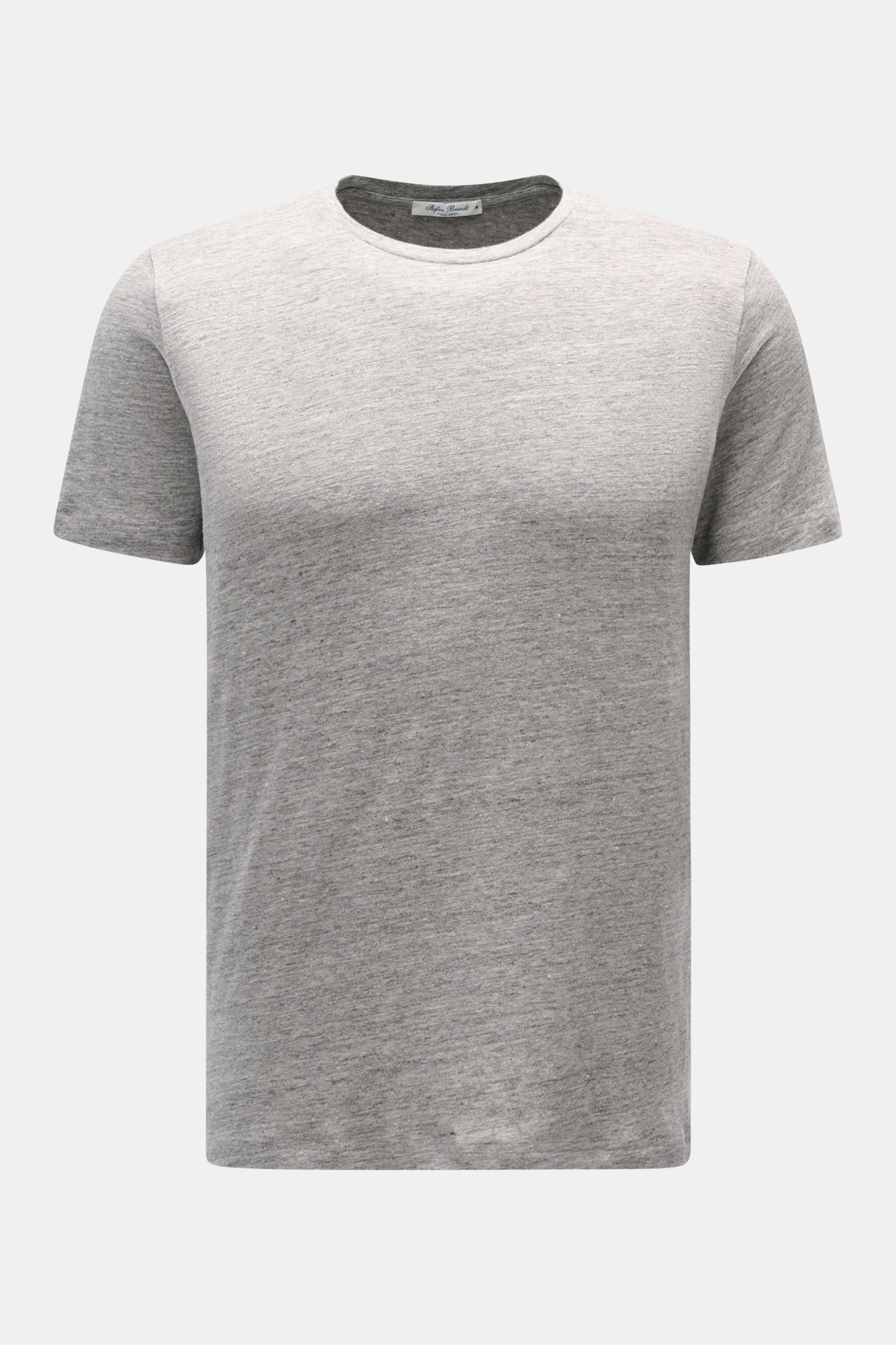 Front view of Stefan Brandt Leinen Rundhals-T-Shirt 'Enno' grau meliert, a slim fit, grey melange linen T-shirt with a round neckline, soft texture, and lightweight, slightly elastic Belgian linen fabric. Sommerliche Leichtigkeit in ihrer edelsten Form: D