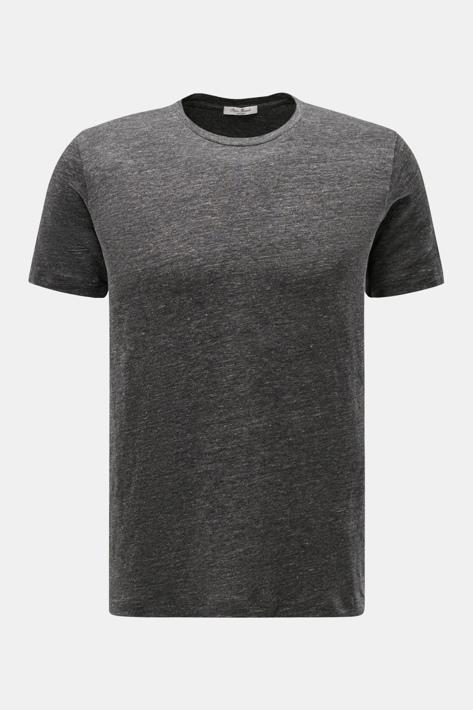 Stefan Brandt Leinen Rundhals-T-Shirt 'Enno' dunkelgrau meliert, Slim Fit, reine Leinenqualität mit weichem Griff, frontale Nahaufnahme.
