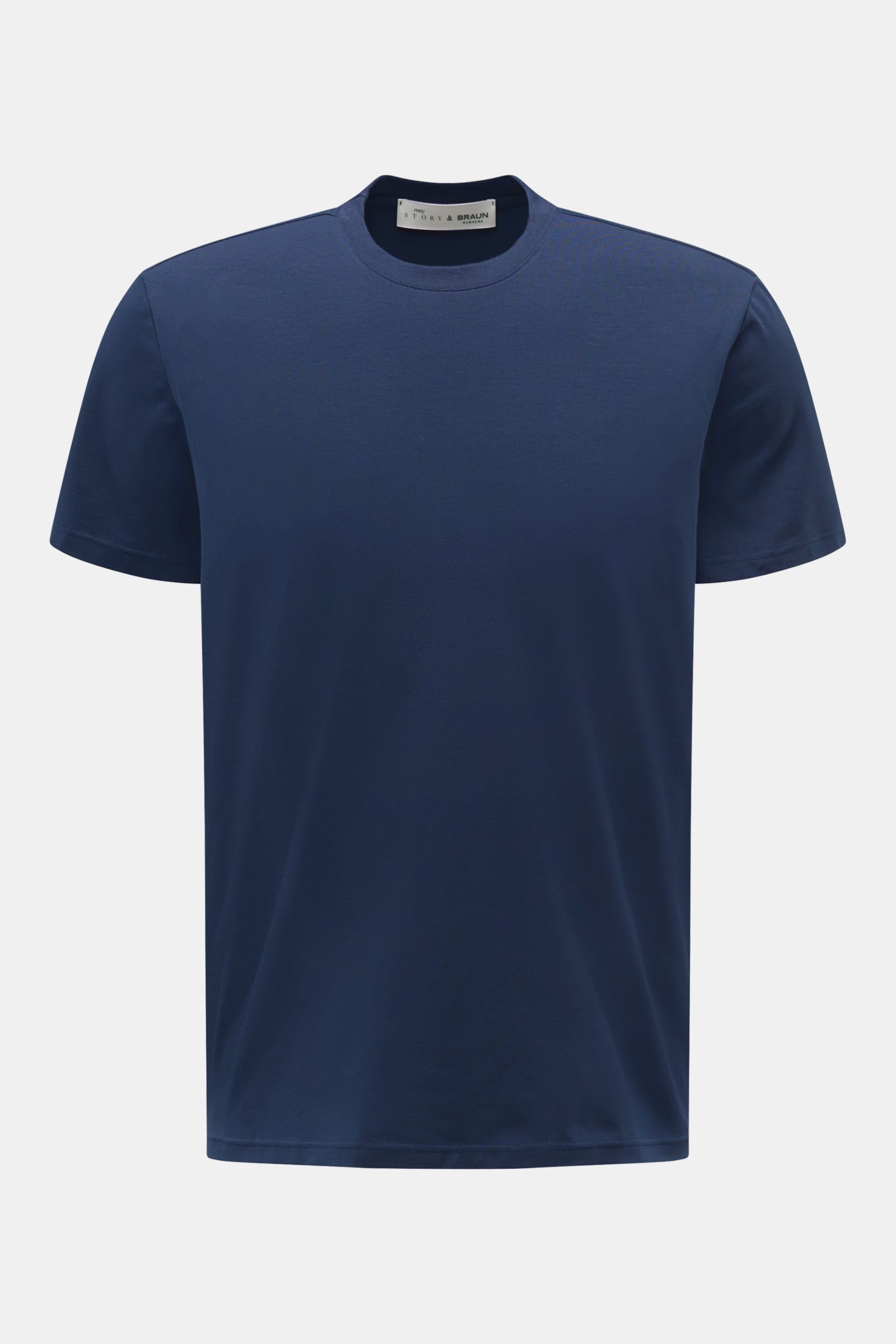 Front view of a mey story Rundhals-T-Shirt navy in slim fit, made from mercerized cotton jersey with stretch, smooth and soft texture, round neckline, perfect basic tee. Die Suche nach dem perfekten Basic-Shirt hat ein Ende: MEY STORY präsentiert ein v