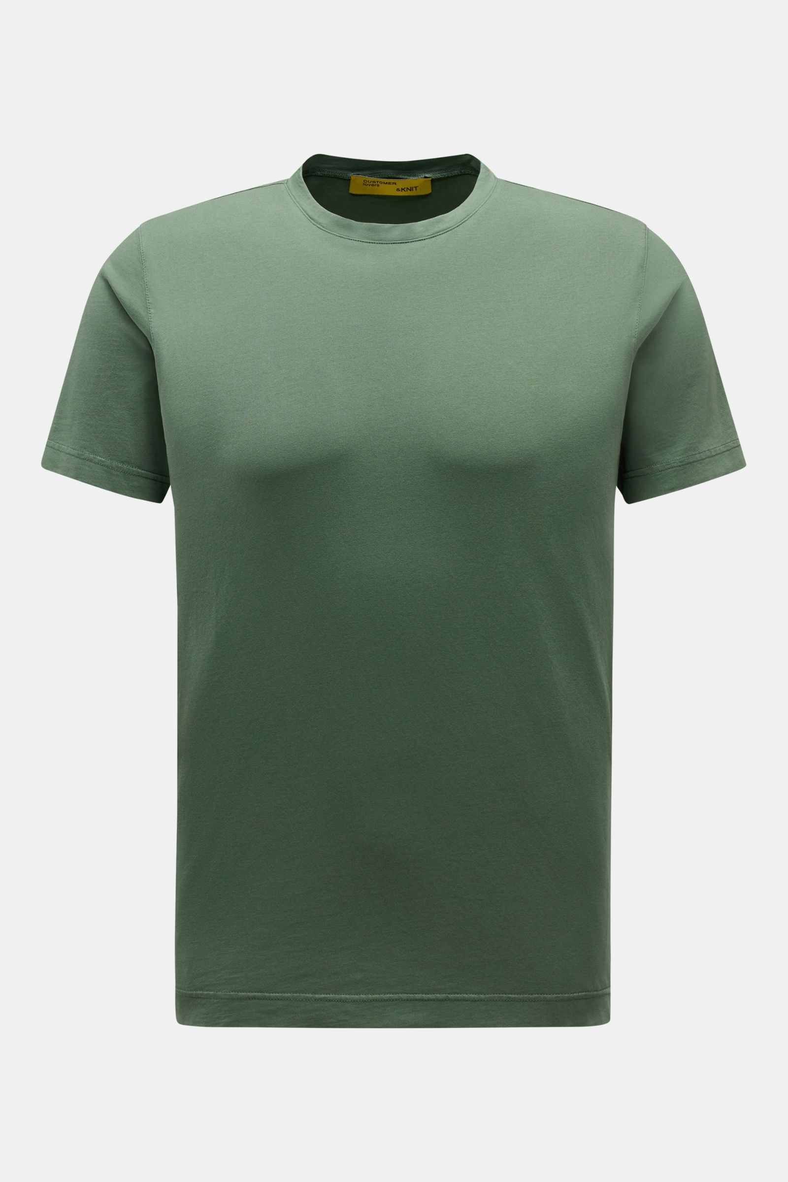B.F. Knitwear Crew neck T-shirt green shown from the front, slim fit pure cotton fabric, soft feel, crew neck, and short hem vents. A high-quality basic for spring and summer.
