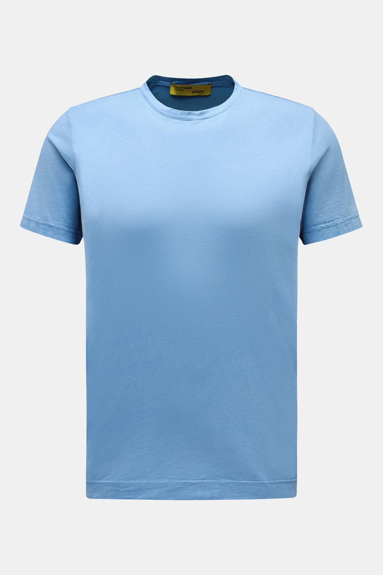 B.F. Knitwear Rundhals-T-Shirt rauchblau, Slim Fit, reine Baumwolle, weicher Griff, Rundhalsausschnitt, kurze Saumschlitze, Frontansicht.