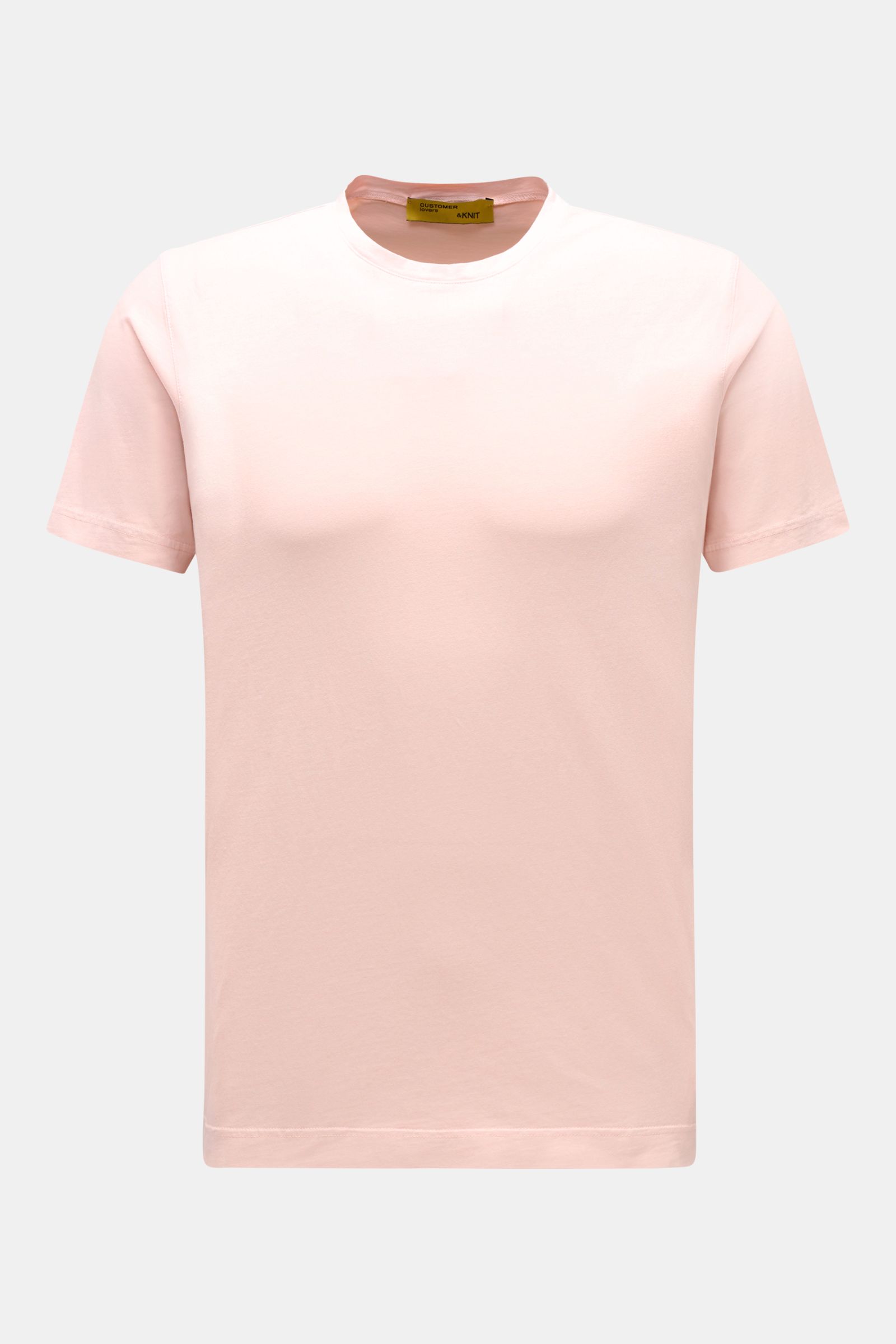 Front view of a B.F. Knitwear Crew neck T-shirt rose, made of pure cotton with a slim fit, soft feel, crew neck, and short hem vents. A high-quality basic for spring and summer.