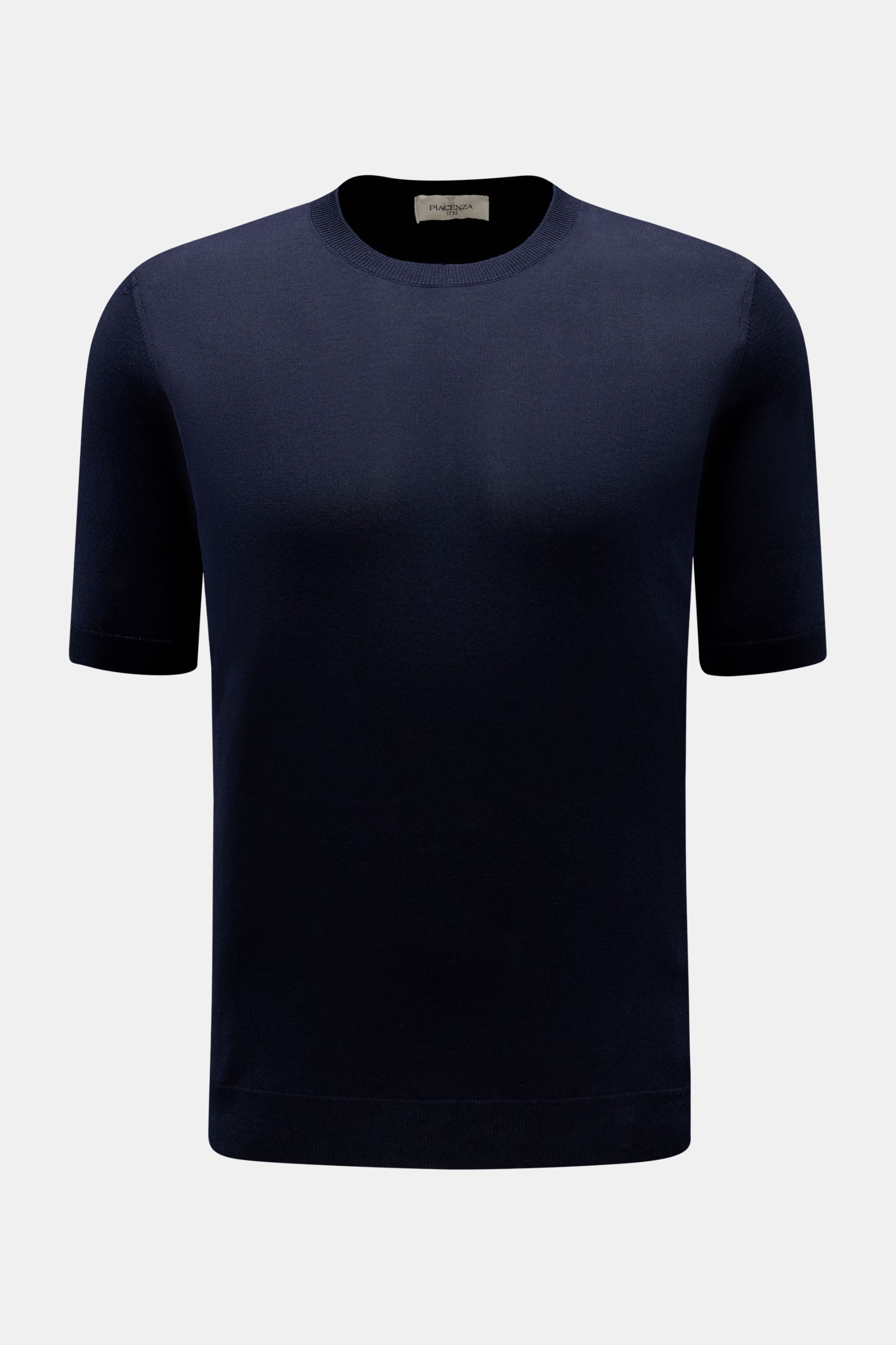 Piacenza 1733 Kurzarmpullover navy, von vorne fotografiert, Slim Fit, reine Baumwolle, leicht griffig, offenes Strickbild, flexible Rippbündchen.