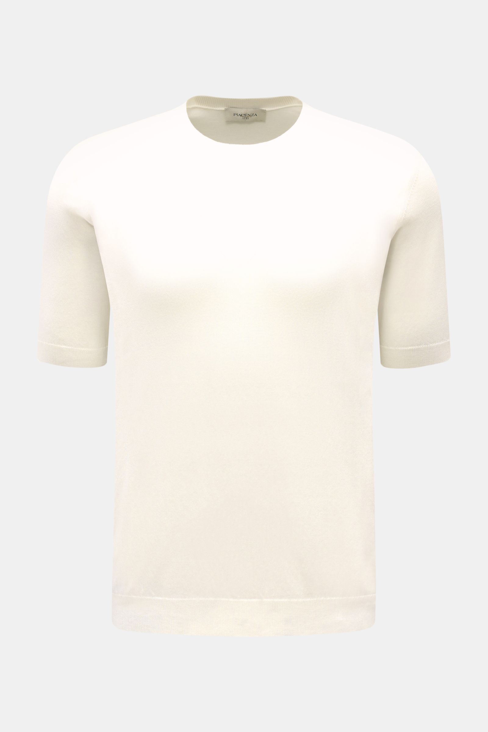 Piacenza 1733 Kurzarmpullover offwhite, Slim Fit, feines offenes Strickbild aus reiner Baumwolle, leichte Haptik, flexible Rippbündchen, Frontansicht.