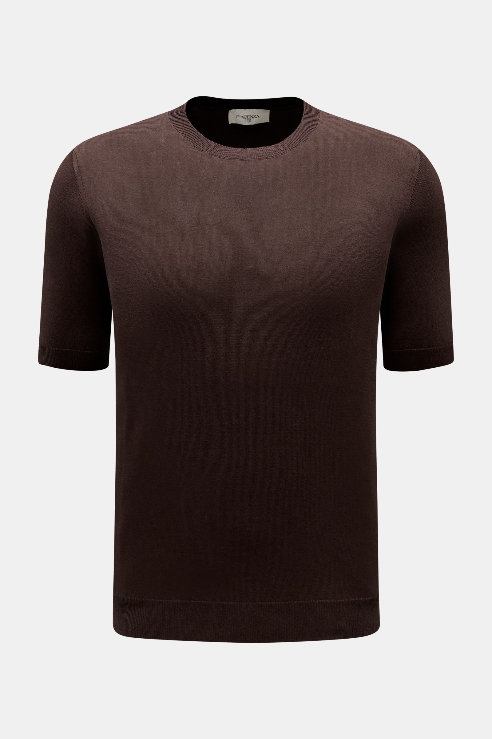 Piacenza 1733 Kurzarmpullover dunkelbraun in Slim Fit, frontale Ansicht, leichter Baumwollstrick mit offenem Strickbild, flexible Rippbündchen.