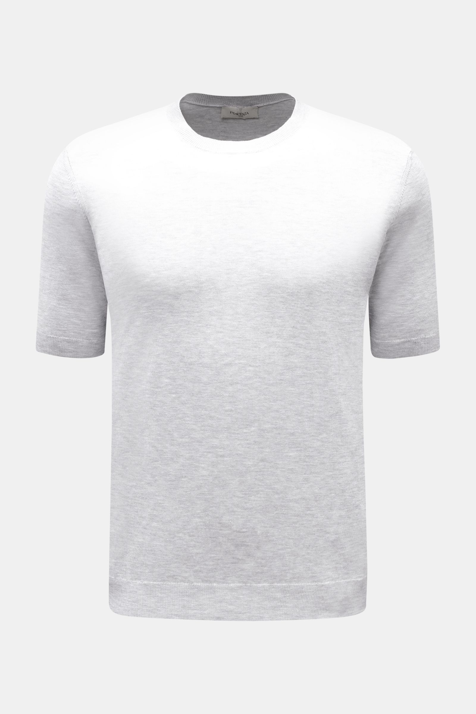 Piacenza 1733 Kurzarmpullover grau meliert, Slim Fit, aus reiner Baumwolle mit feinem, offenem Strickbild, flexible Rippbündchen, frontale Aufnahme.