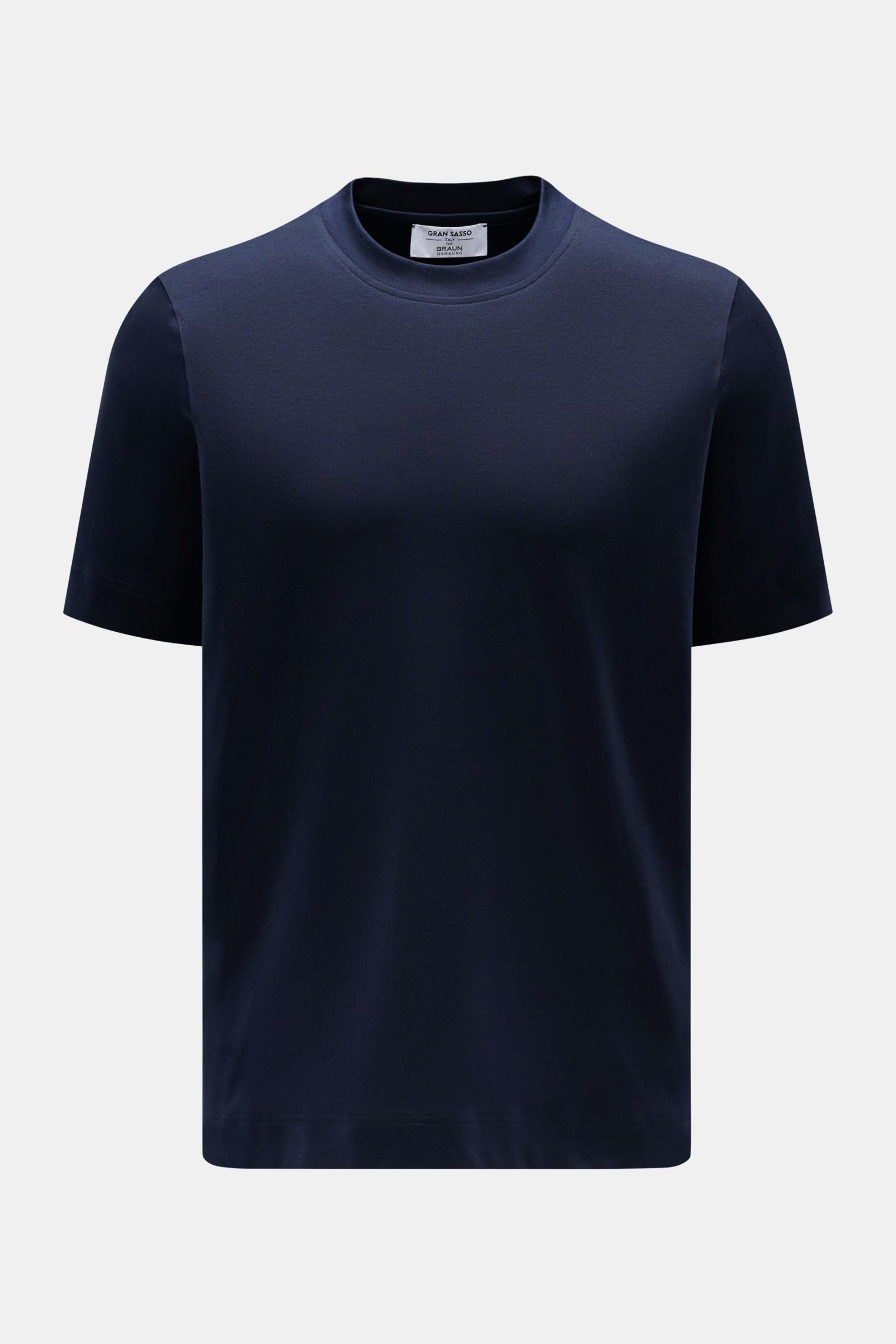 Gran Sasso Rundhals-T-Shirt navy, frontale Nahaufnahme, Slim Fit, reiner Baumwolljersey, weicher Griff, Rundhalsausschnitt, Saumschlitze.